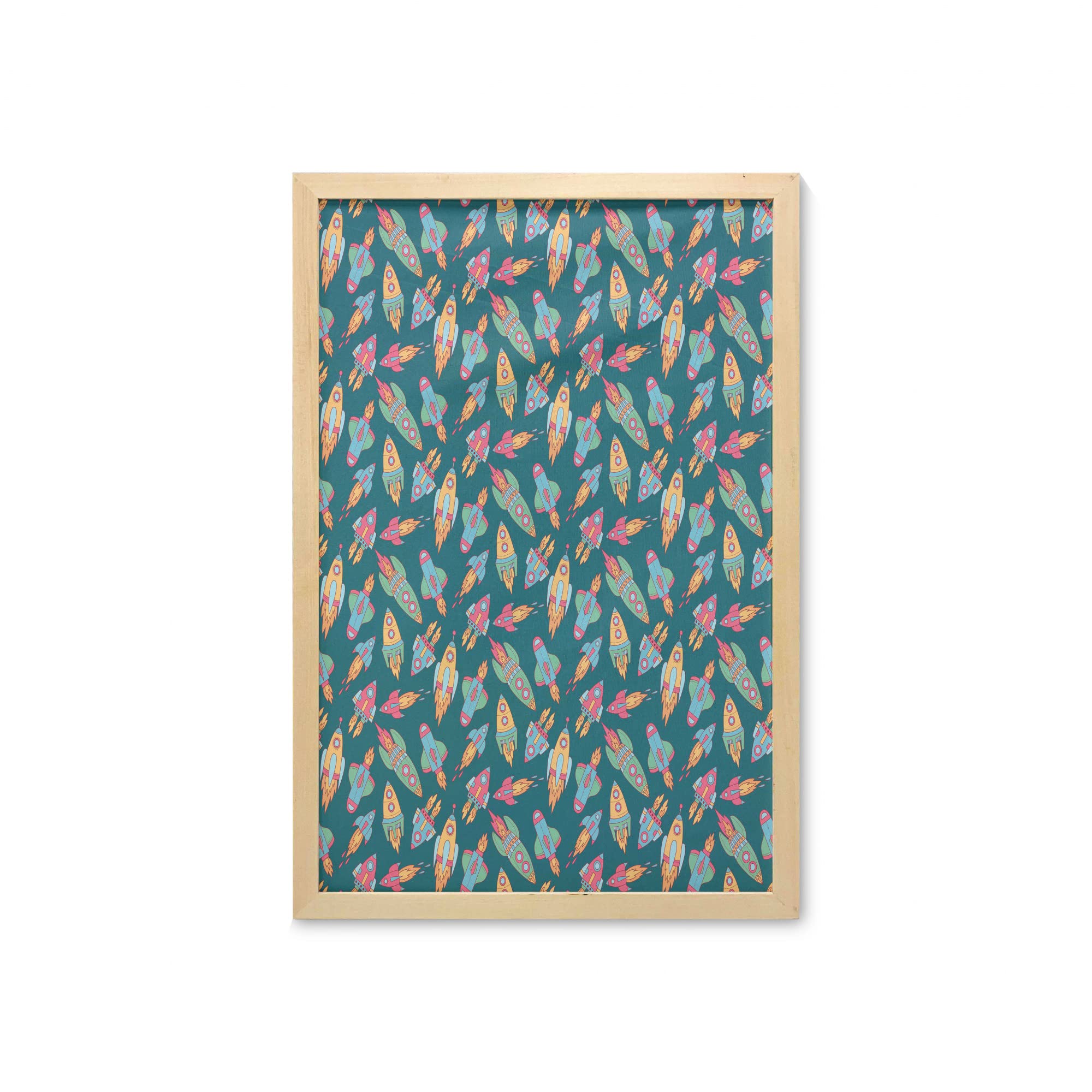 Ambesonne Framed Spaceship Wall Art - Outer Space Rocket Adventure Cartoon Print on Fabric Poster (23x35 Inches) - Pale Orange & Dark Teal Decor for Bathroom, Living Room, Dorm | Perfect for Space Theme Bedrooms, Kids Rooms & Sci-Fi Home Decor