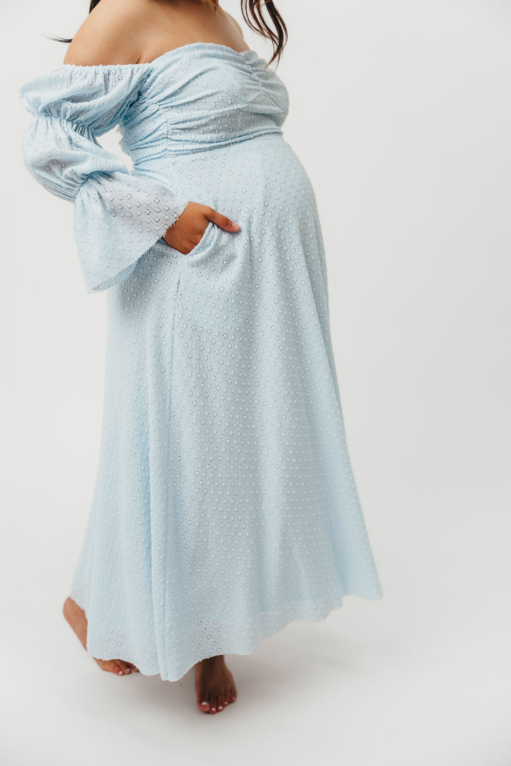 Corrine Tiered Sleeve Maxi Dress with Pockets - Baby Blue Maternity Dress | Bump Friendly & Comfortable for Pregnancy, Nursing, Baby Showers and Special Occasions