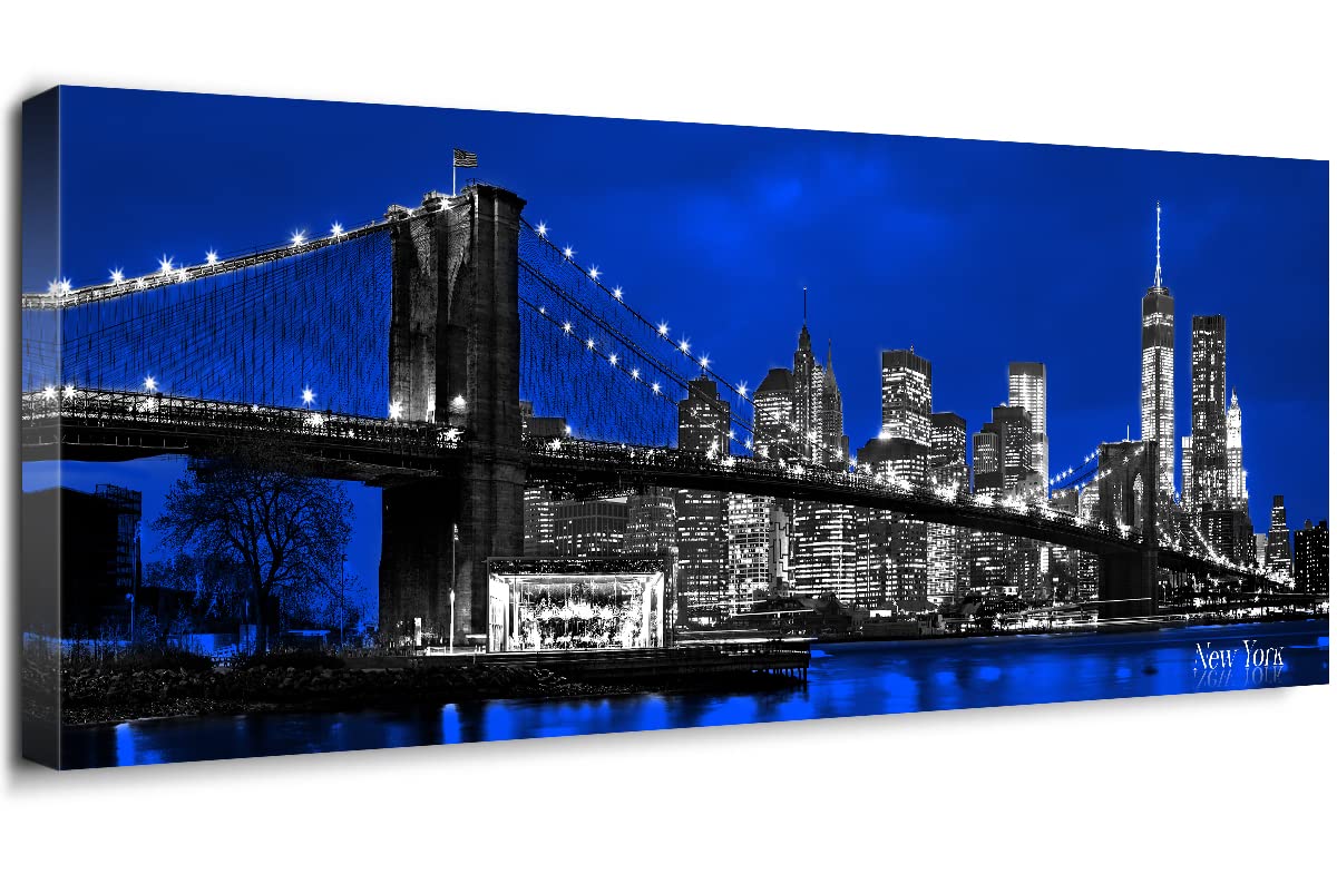 Sunflower Brooklyn Bridge Canvas Wall Art - Blue Skyline & Lights Reflections New York Cityscape Painting 12x36 Inch for Bedroom, Office Decor | USA Urban Landscape Artwork | Perfect for Home, Office & Gift Giving