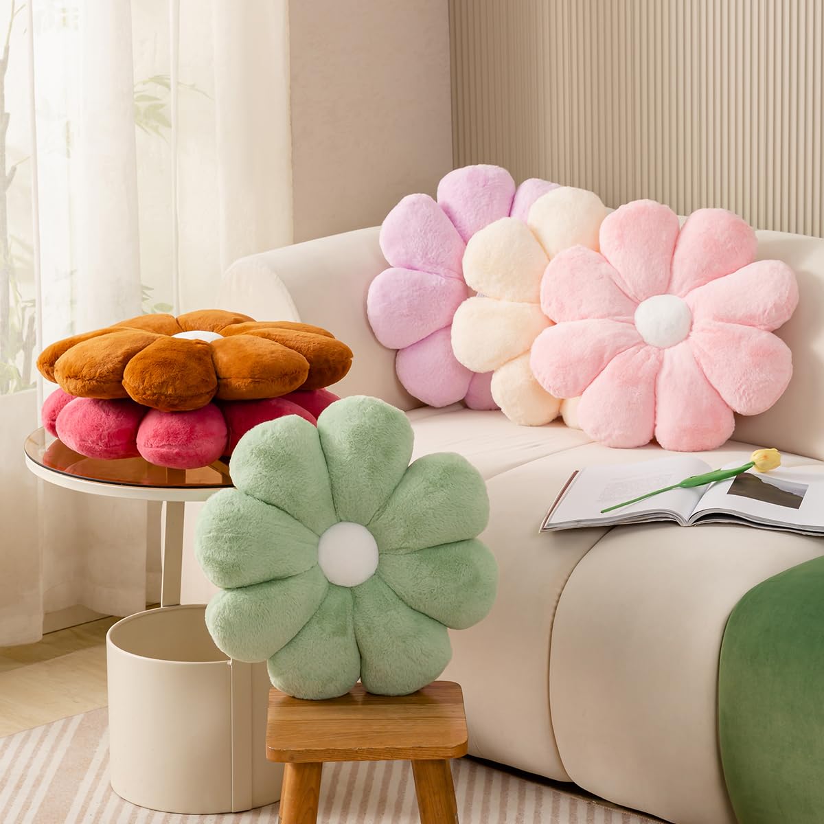 FIONOUT Daisy Flower Pillow - Soft Plush Throw Cushion for Reading & Decor (Beige) - Cozy Floor Seating & Room Decor
