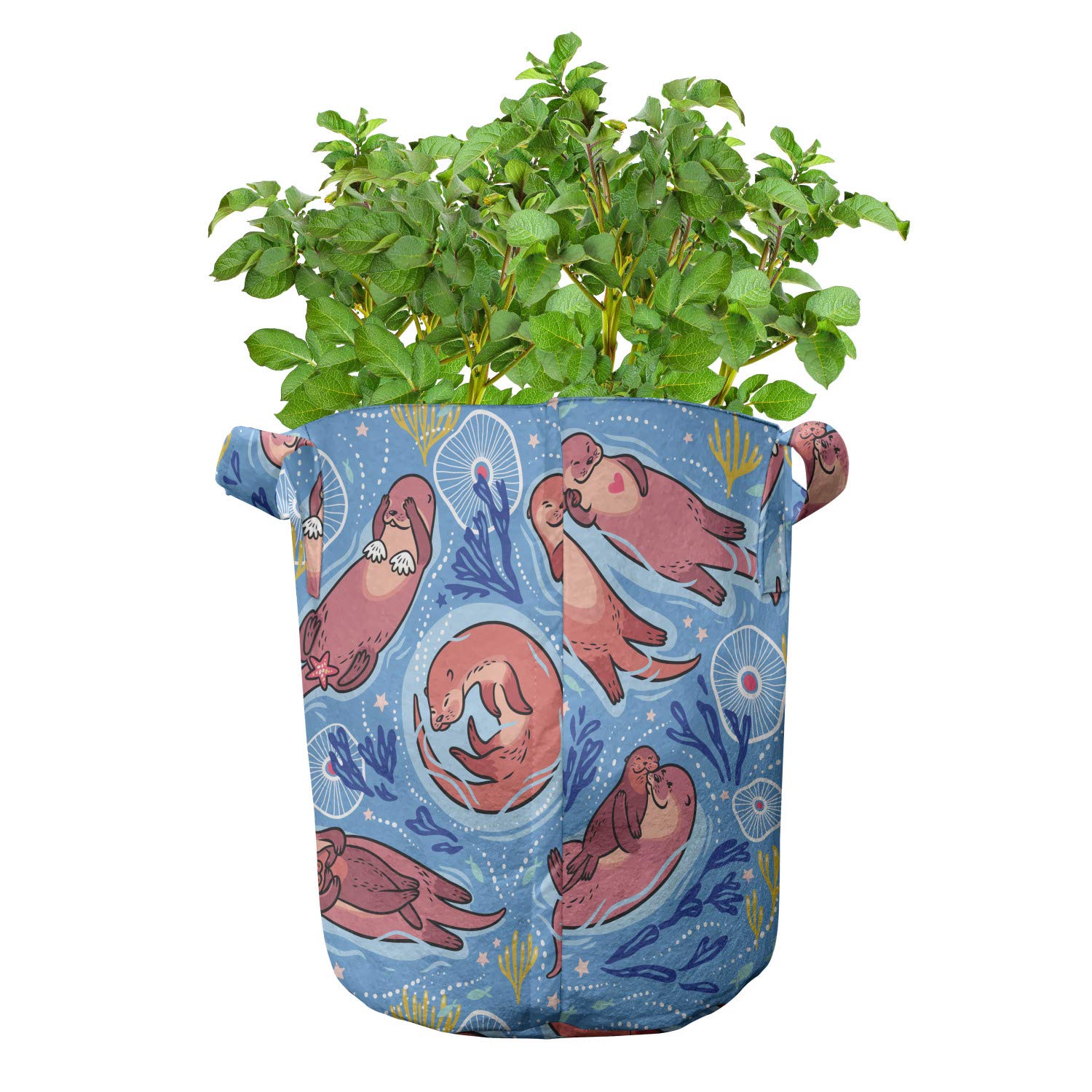 Ambesonne 5-Pack Heavy Duty Fabric Grow Bags with Handles - Cute Otter & Seaweed Cartoon Design for Plants, Vegetables & Herbs - Perfect for Indoor Gardening, Balcony Planters & Outdoor Container Gardening