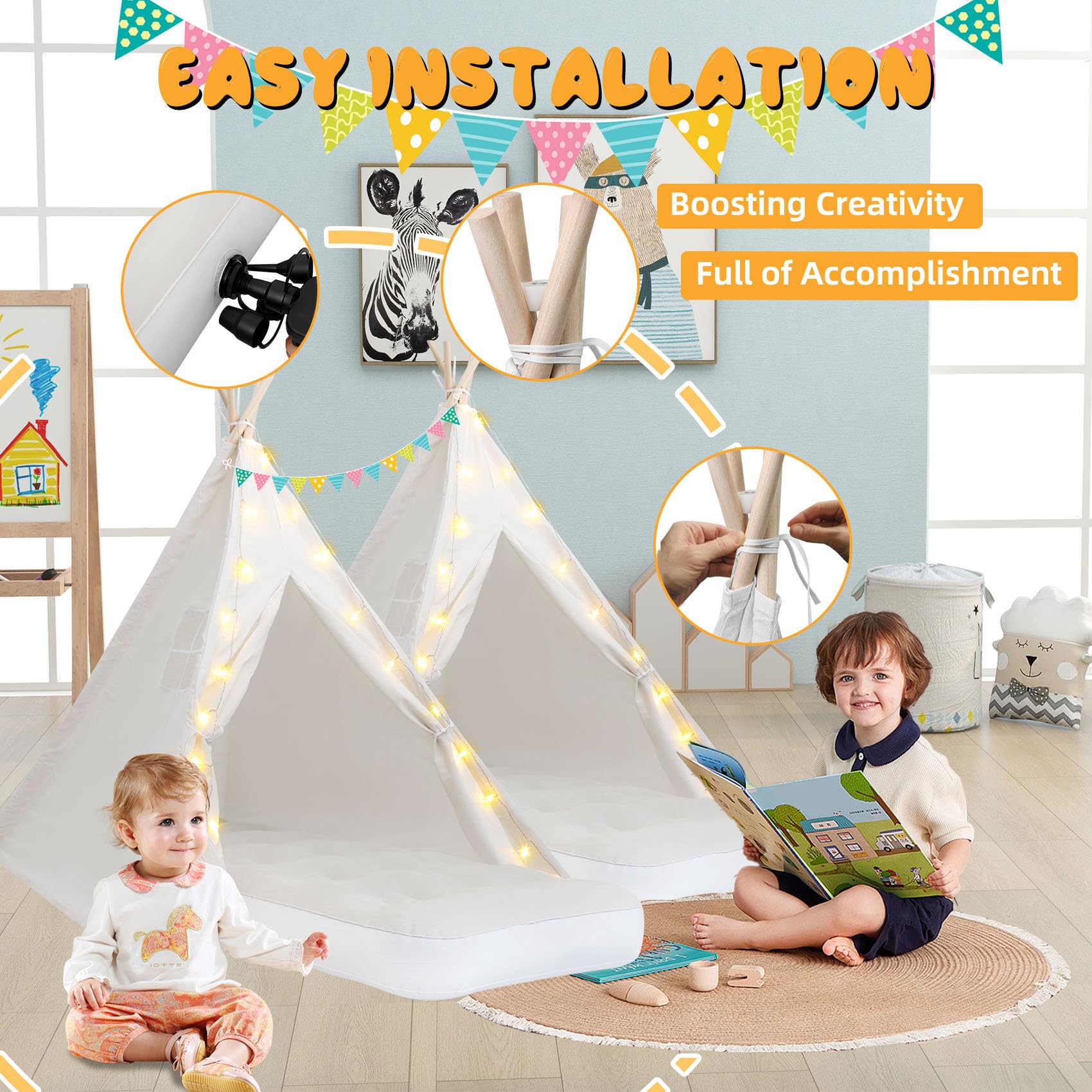 6 Pack Kids Teepee Tent with Thickened Fabric, LED Light String & Inflatable Air Mattress - Indoor Outdoor Play Tent for Girls Boys Sleepovers, Birthday Parties & Camping Adventures (White)