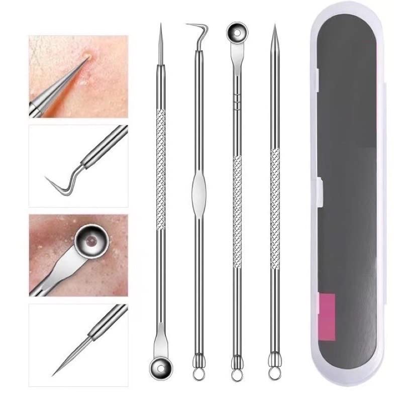 Stainless Steel Blackhead Remover Tool Set - Acne & Pimple Extractor Kit with Blackhead Tweezers & Needles (4-Piece with Plastic Case) - Perfect for Facial Skincare & Blemish Removal at Home