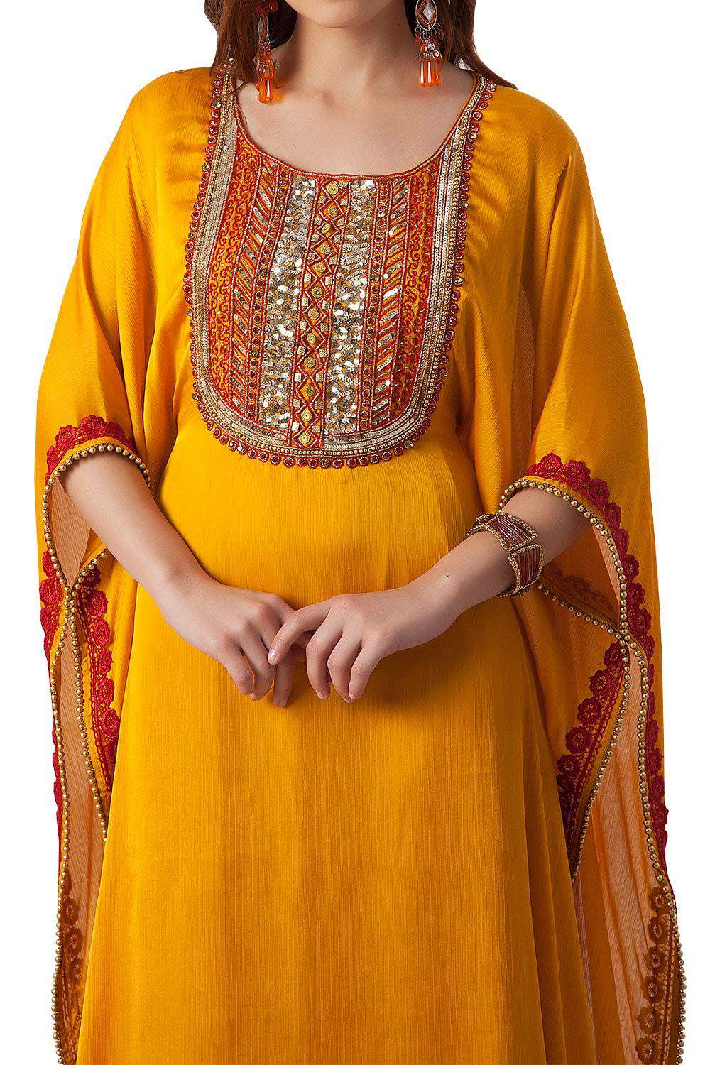 Hand Beaded Golden Yellow Jalabiya Dress for Women - Elegant Party Wear & Evening Gowns for Weddings, Festivals & Special Occasions