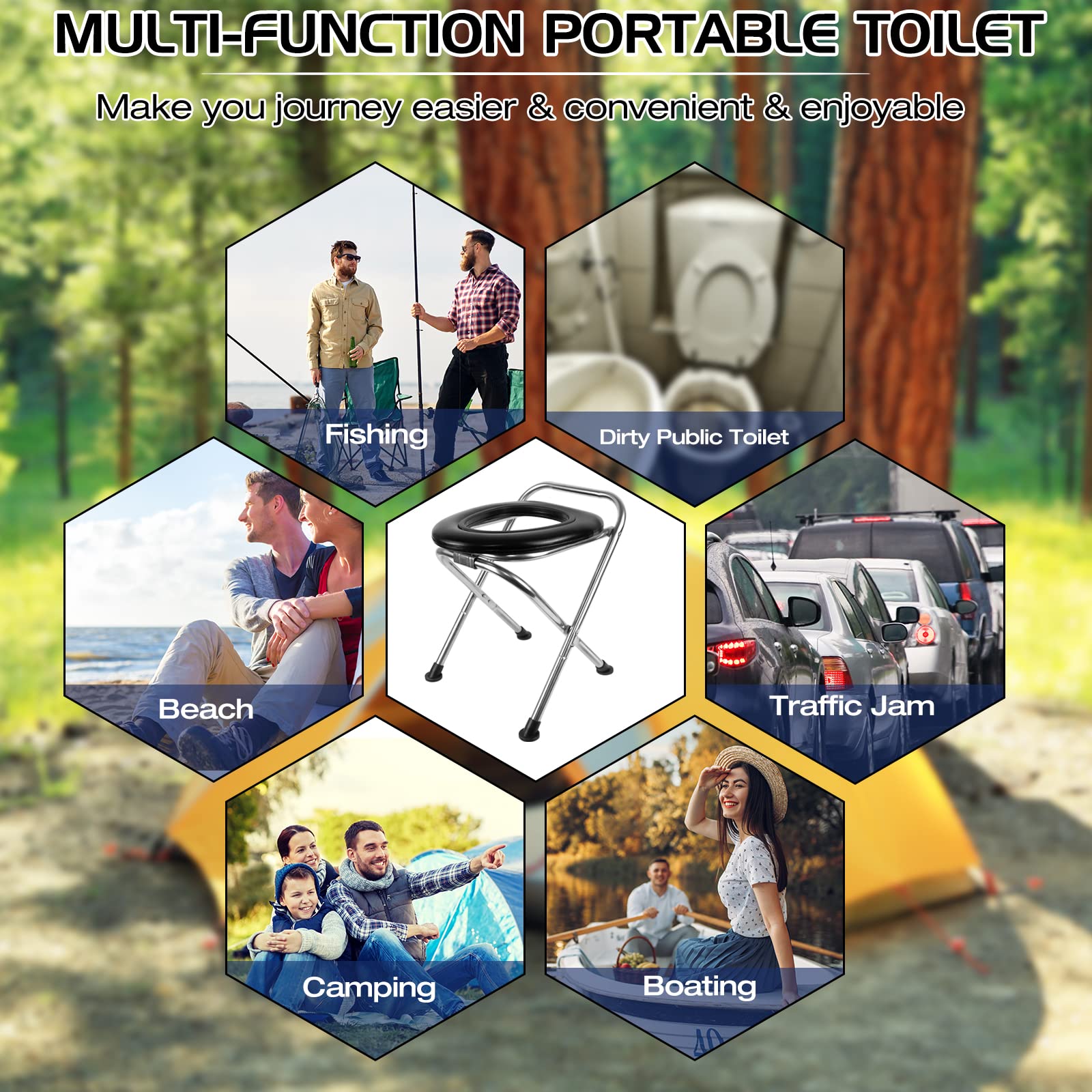 **Upgraded Heavy Duty Stainless Steel Portable Toilet for Camping & Travel – 350LBS Capacity, Soft Seat, Folding Design with Toilet Bags – Ideal for Hiking, RV Trips, Outdoor Adventures & Emergency Use**