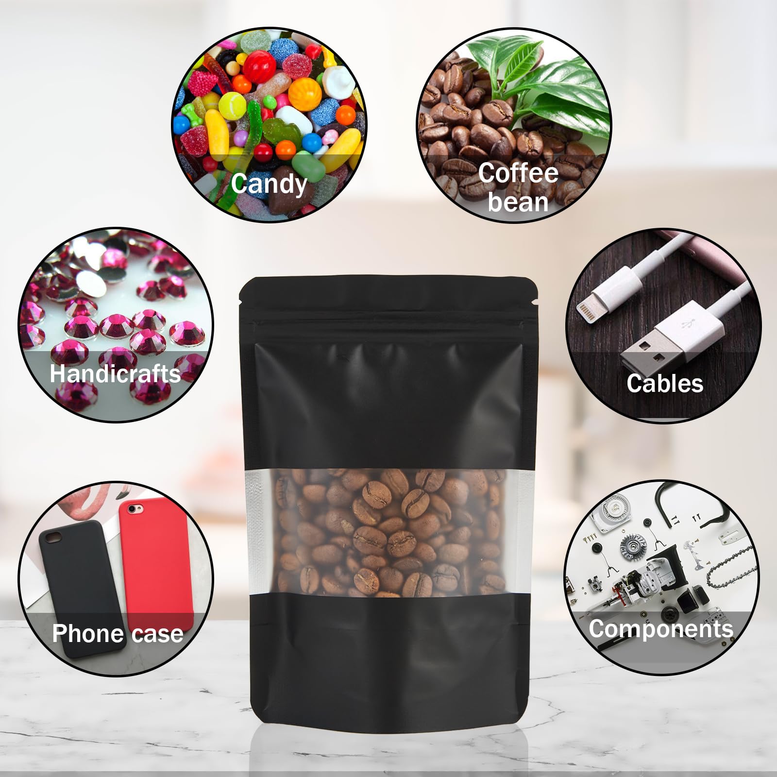 100 Pack Resealable Mylar Bags with Clear Window & Zipper Lock - 5.5