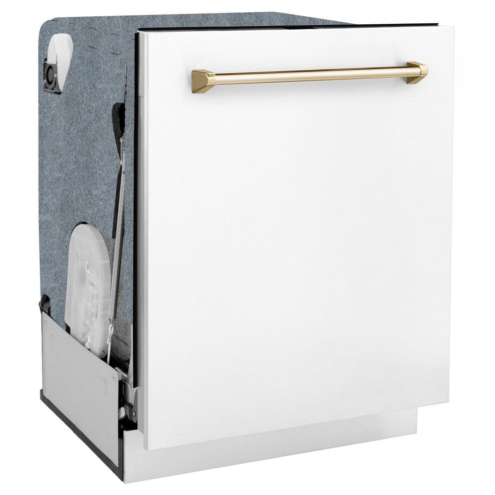 ZLINE Autograph Edition 24 Inch Monument Series 3rd Rack Tall Tub Dishwasher - White Matte with Polished Gold Handle, Ultra Quiet 45dBa (DWMTZ WM 24 G) | Perfect for Modern Kitchens, Open Concept Homes & Luxury Apartments