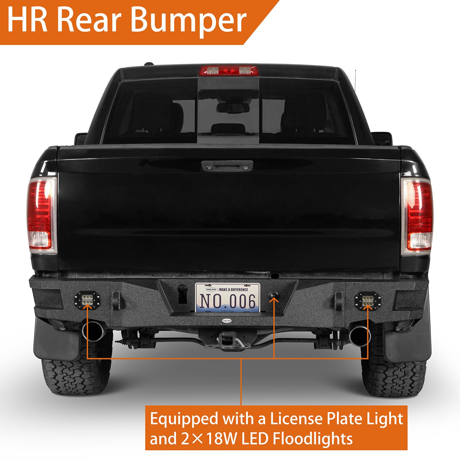 Hooke Road Heavy Duty Steel Rear Bumper with LED Lights for 2009-2023 Dodge Ram 1500 Pickup Truck | Back Step Bumper Replacement | Off-Road Protection & Towing Enhancement