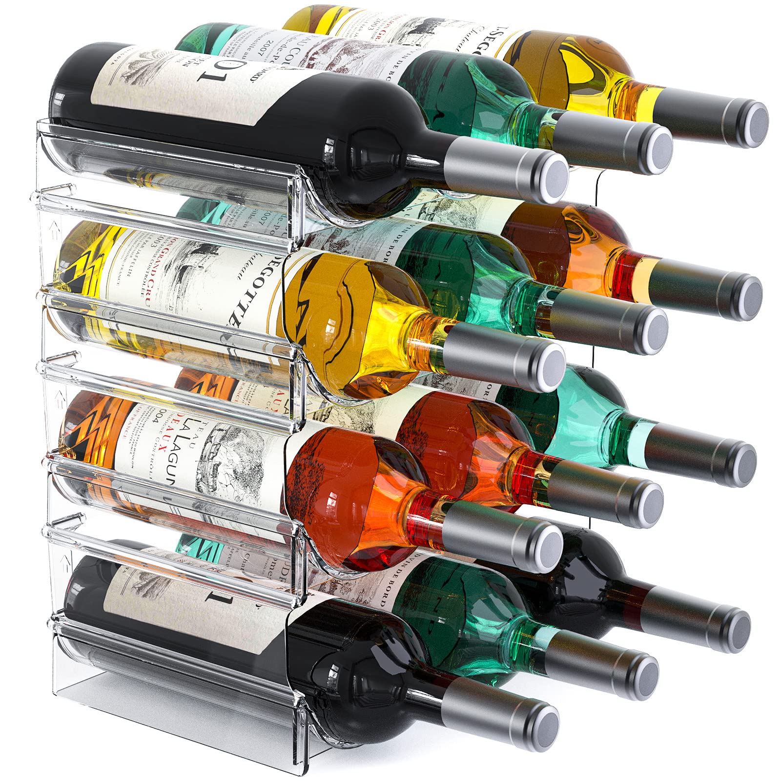 4-Tier Stackable Clear Plastic Water Bottle & Wine Storage Organizer - Holds 12 Containers, Free-Standing for Kitchen Countertops, Tables, Pantry, Bars, Cabinets & Fridge - Perfect for Home Organization & Party Drink Displays