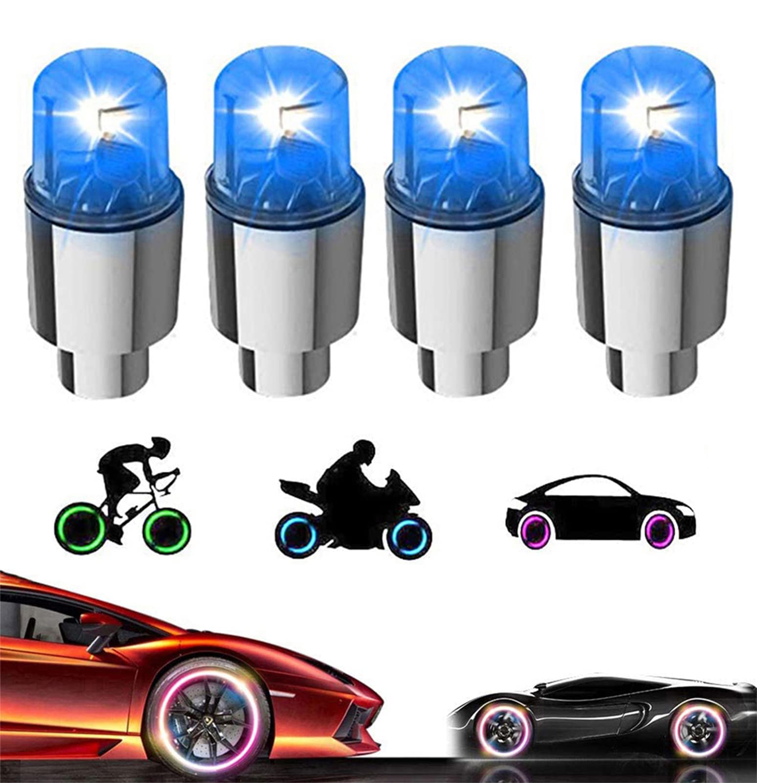 YUERWOVER 4 Pack LED Valve Stem Caps Lights - Glow in Dark Tire Valve Lights for Cars, Bikes, Trucks, Golf Carts, Motorcycles - Cool Blue Neon Wheel Accessories for Night Riding, Car Shows, Parties & Outdoor Adventures