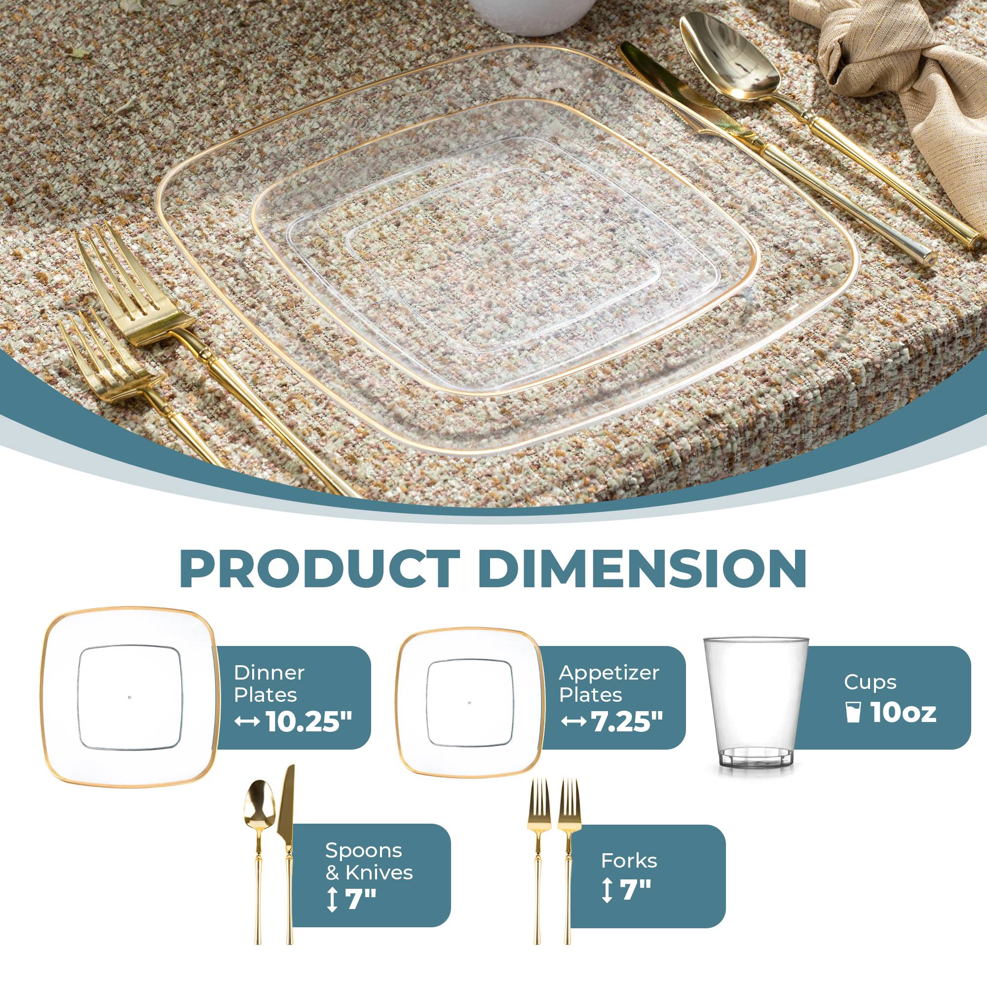 Clear and Gold Plastic Party Bundle - Classic Square Plates, Cups, and Cutlery Set for Birthday, Wedding, and Holiday Celebrations - Perfect for Festive Gatherings and Special Events