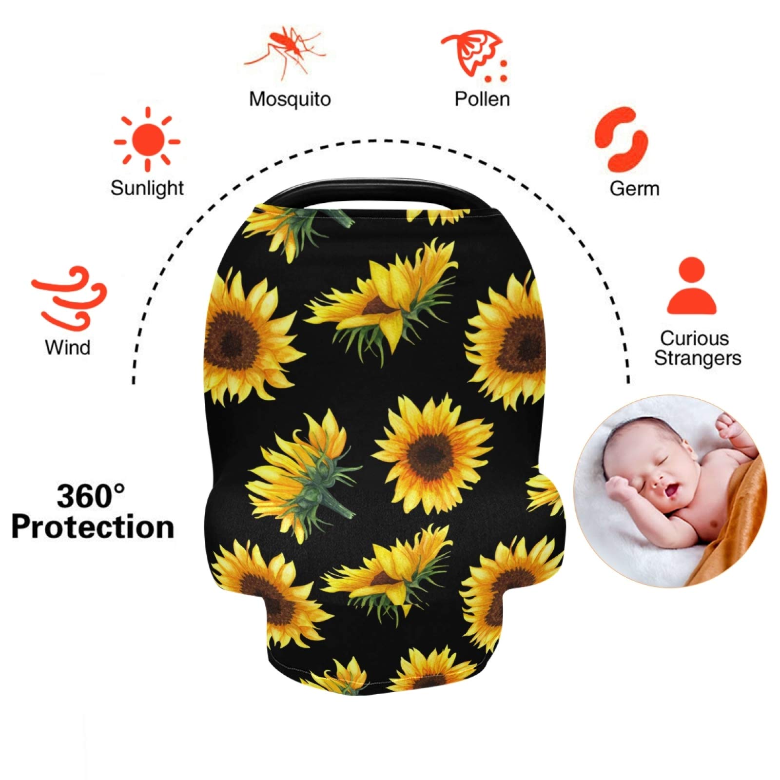Stretchy Baby Car Seat Cover for Boys & Girls - Sunflower Floral Yellow Infant Car Canopy, Nursing Cover & Breastfeeding Scarf - Perfect for Travel, Shopping & Outdoor Protection