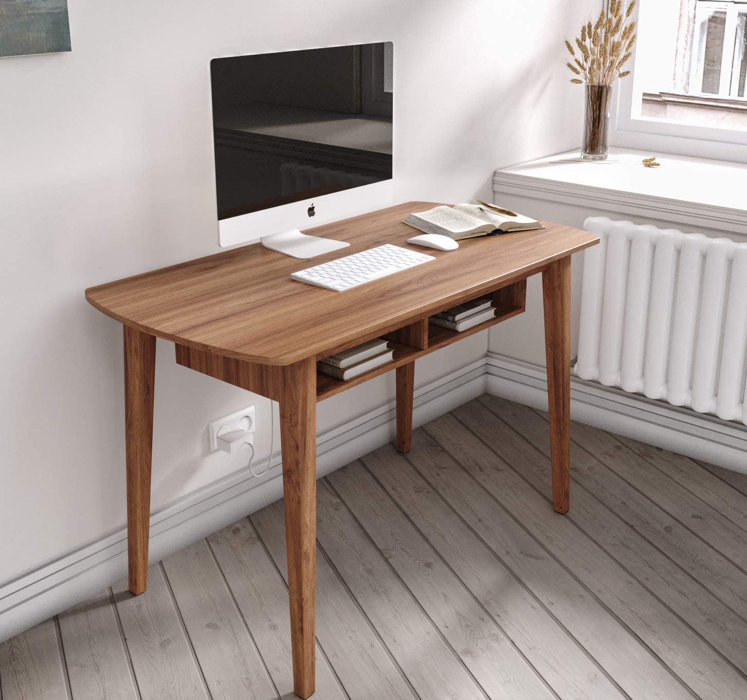Monza Mid Century Modern Computer Desk with Recessed Drawers - Walnut Finish Compact Writing Desk for Small Spaces | Home Office & Study Room Furniture