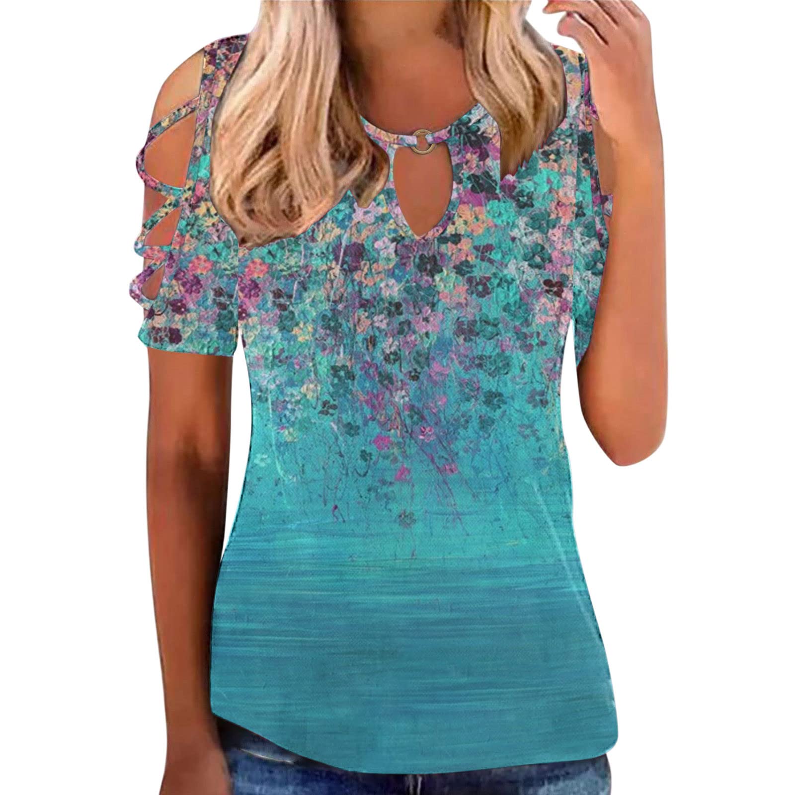 2022 Women's Summer Spring Short Sleeve Cold Shoulder Tops - Deep V Neck Hollow Out Blouses & Cut Out T-Shirts | Perfect for Beach, Party & Casual Wear
