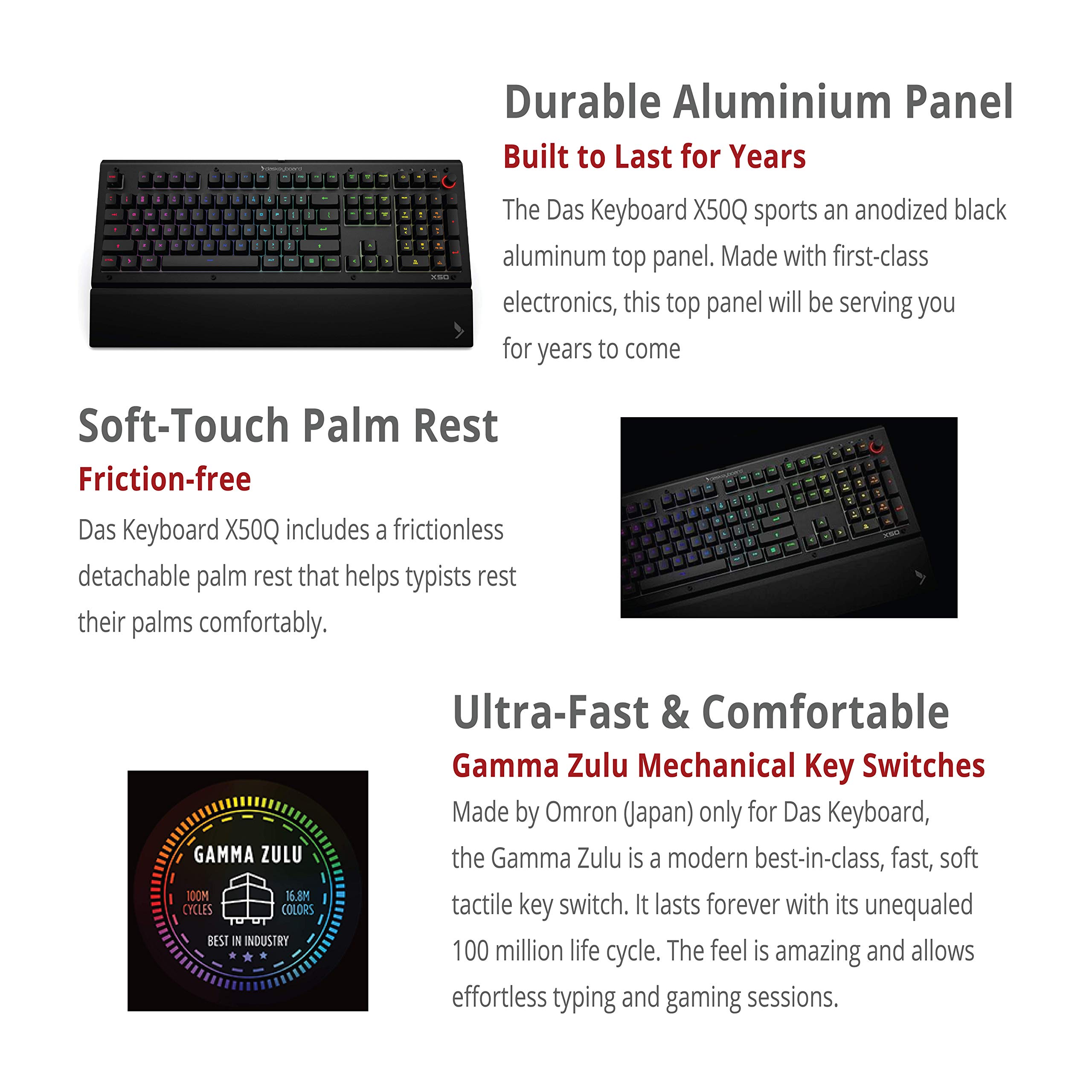 Das Keyboard X50Q RGB Mechanical Keyboard - Programmable, Soft Tactile Switches, Aluminum Frame, Palm Rest & Volume Knob (104 Keys, Black) - Perfect for Gaming, Coding & Office Work