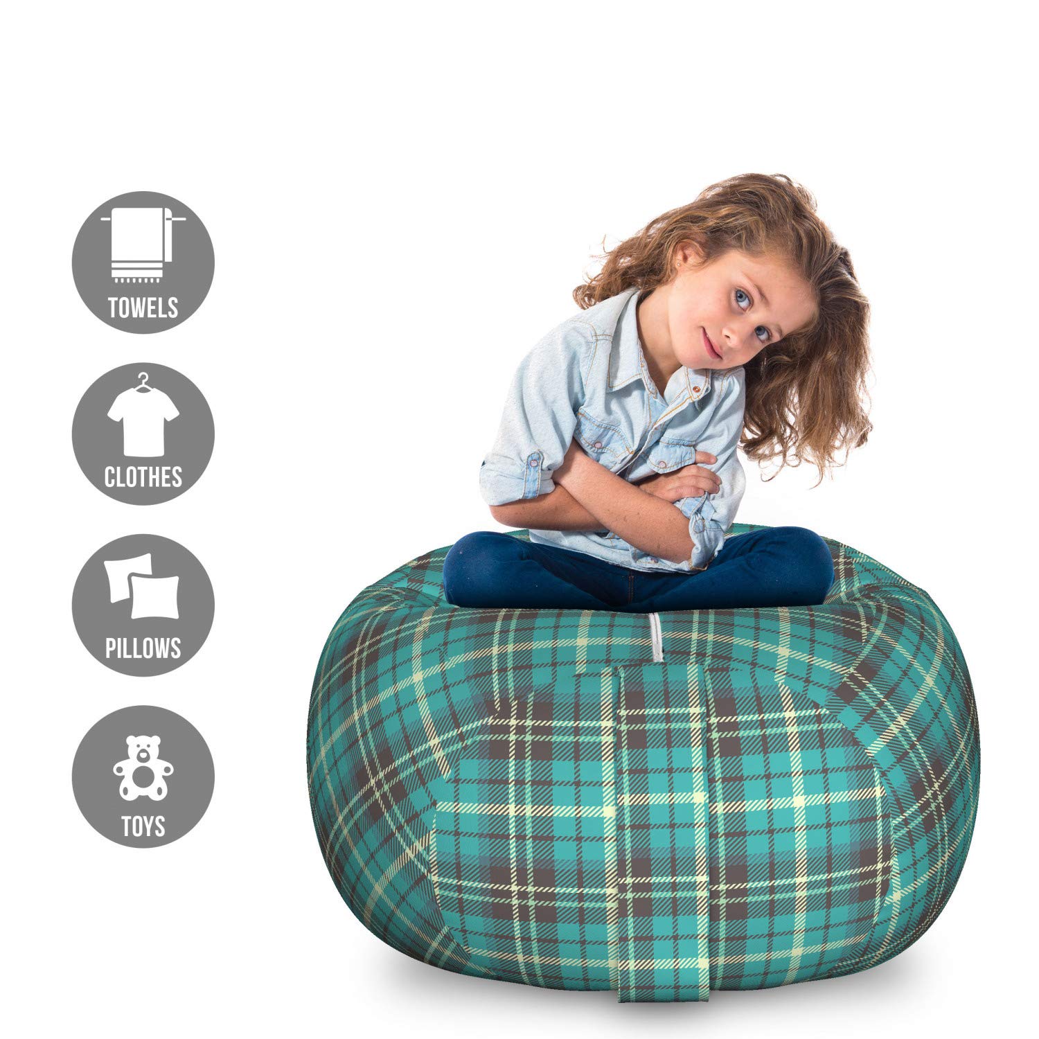 Ambesonne Large Washable Plaid Toy Storage Bag Chair - Brown European Stripes Design, Stuffed Animal Organizer for Kids Room (Cream Taupe Dark Seafoam) | Perfect for Playroom Organization, Nursery Decor & Cozy Reading Nook Accessory