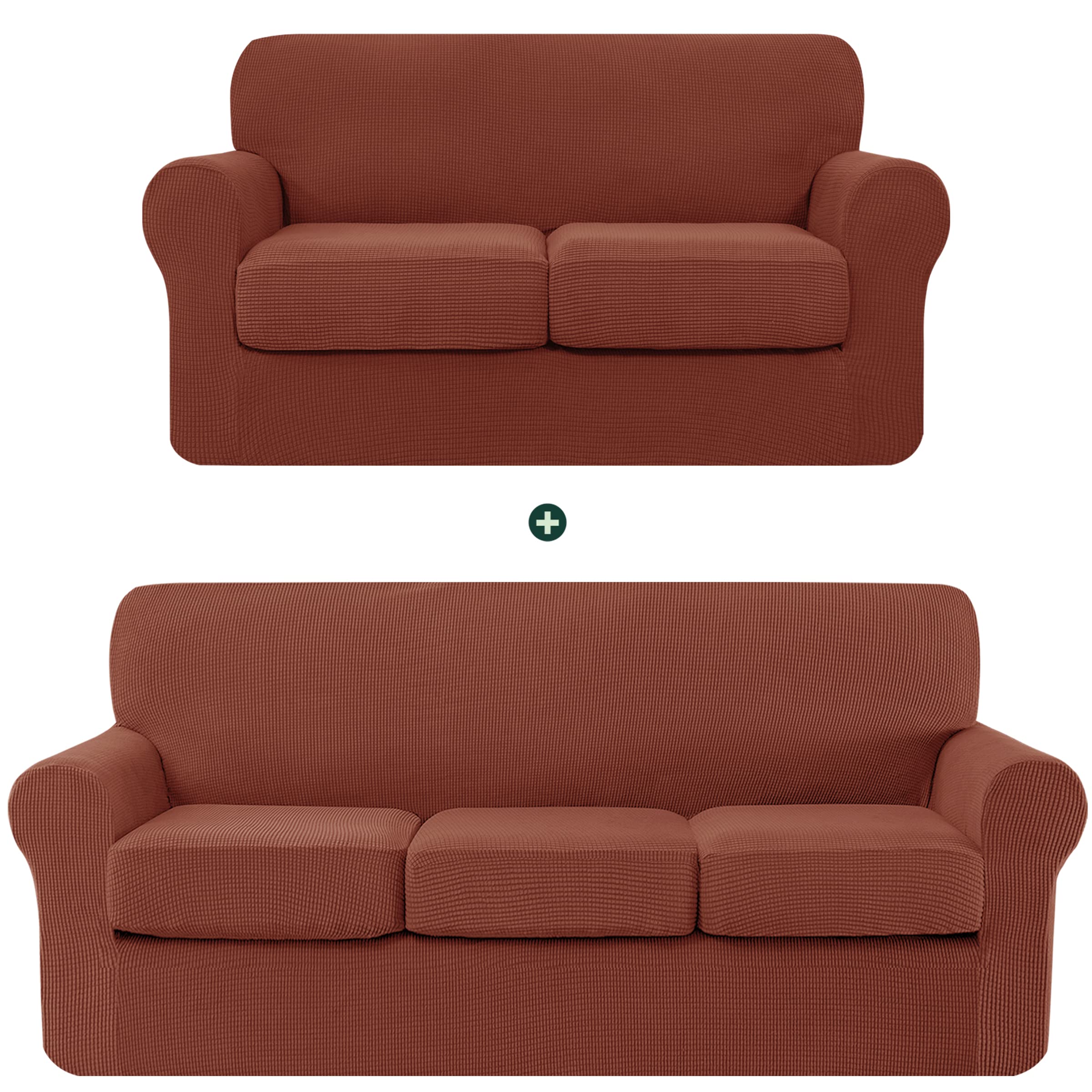 CHUN YI Stretch Sofa Slipcover Set for Couch & Loveseat - Soft Spandex Sofa Cover with Separate Cushion Covers for 2-3 Seater Settee (Brick Red) - Perfect for Living Room, Family Room & Home Decor Protection