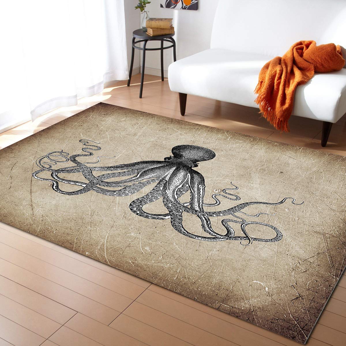 LBDecor 4x6ft Vintage Octopus Kraken Non-Slip Area Rug - Soft Living Room Bedroom Carpet, Hallway Runner, Indoor Outdoor Nursery Decor - Perfect for Coastal, Nautical & Ocean-Themed Home Design
