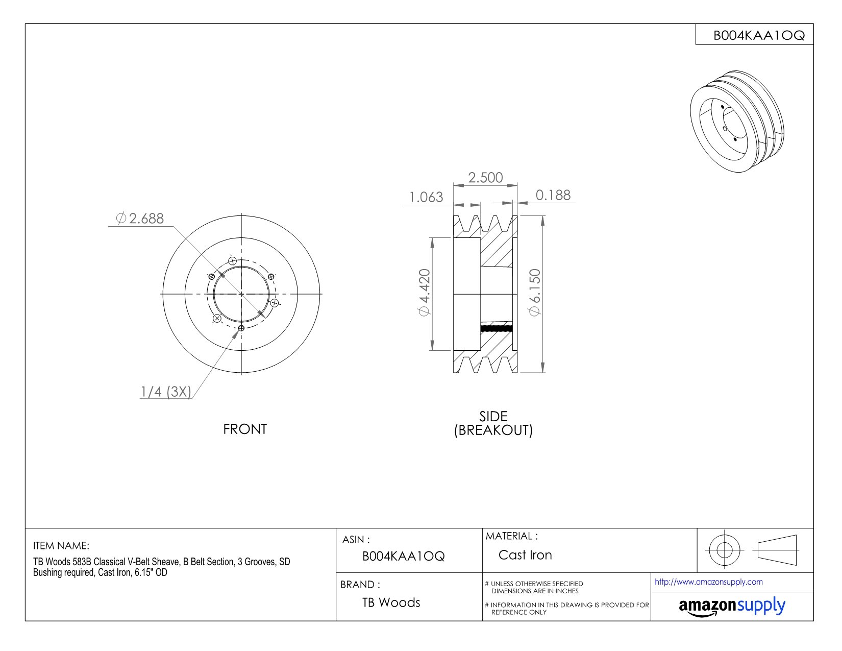 803B Classical V-Belt Sheave for B Belt Section - 3 Grooves Cast Iron Pulley with 8.35