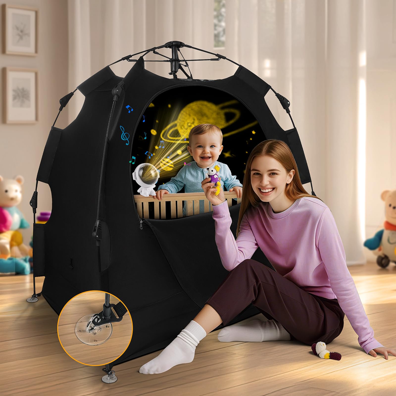 Blackout Tent for Pack N Play - Baby Sleep Tent with Star Projector, Breathable Mini Crib Cover for Kids & Toddlers | Blocks 98% Light, One-Click Setup | Perfect for Travel, Camping & Nursery Naps