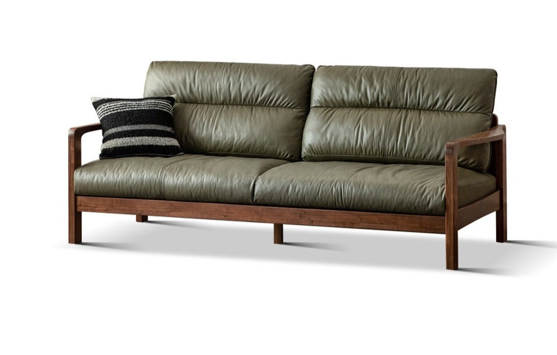 Premium Black Walnut Solid Wood Leather Sofa - Modern Luxury Living Room Furniture for Home & Office (Perfect for Lounging, Entertaining & Relaxing)