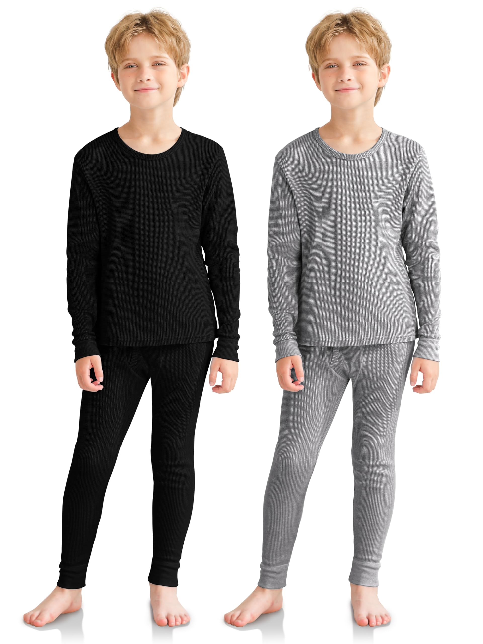 VZV 2-Pack Kids Thermal Underwear Set - Boys Long Sleeve Waffle Knit Base Layer Top & Bottom for Cold Weather - Winter Sports, Skiing, Snowboarding & Outdoor Activities