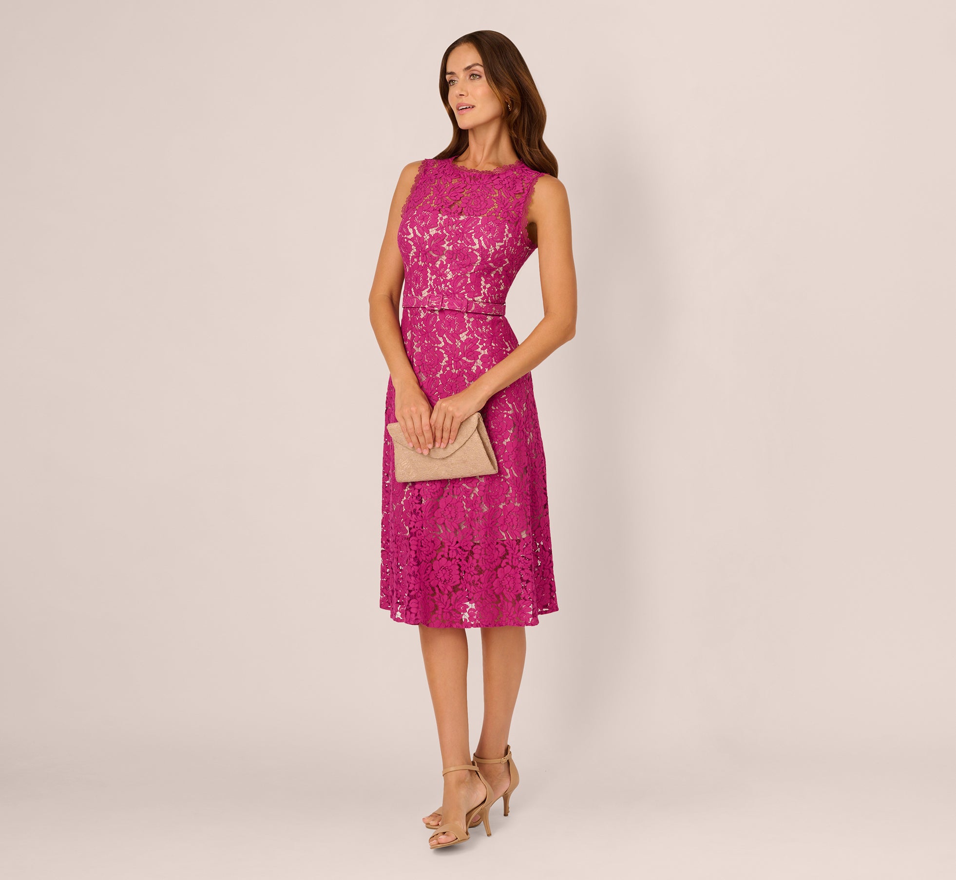 Elegant Sleeveless Lace Fit and Flare Dress with Sheer Details in Orchid - Perfect for Weddings, Parties & Special Occasions