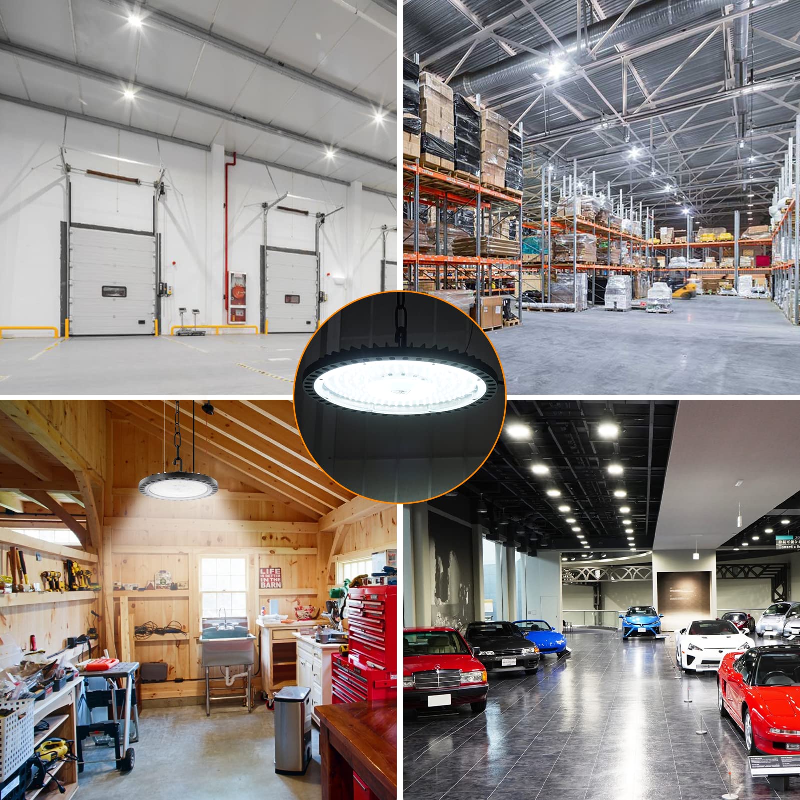 4-Pack 100W 110V UFO High Bay LED Lights - 10,000LM 5000K Daylight, IP66 Waterproof Commercial Lighting for Warehouse, Shop, Garage & Industrial Spaces | Energy-Efficient LED Bay Fixture with No Plug