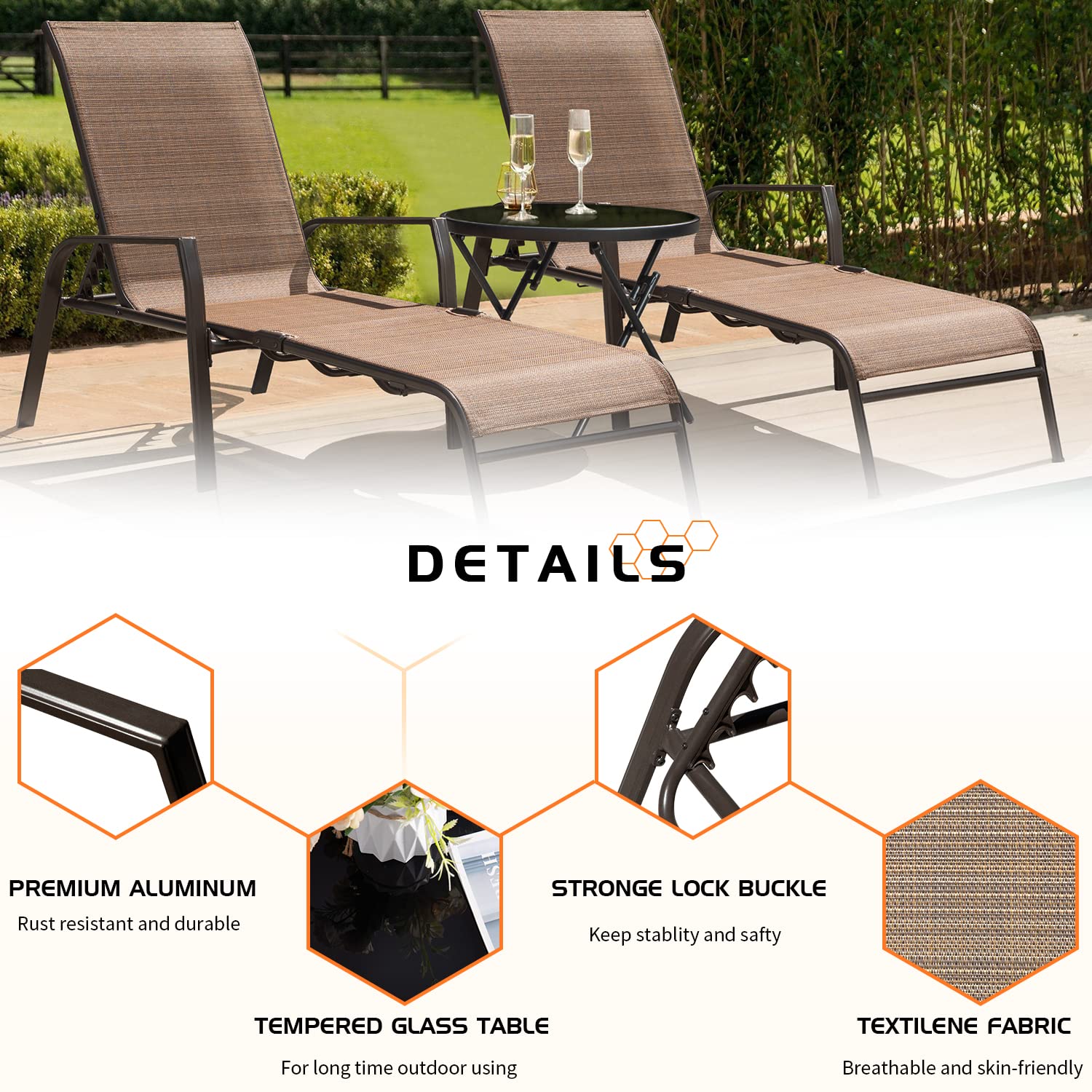 Flamaker 3-Piece Adjustable Patio Chaise Lounge Set with Textiline Cushions & Glass Top Bistro Table - Foldable Metal Reclining Chairs for Outdoor Relaxation - Perfect for Beach, Poolside, Backyard, Porch & Garden (Beige)
