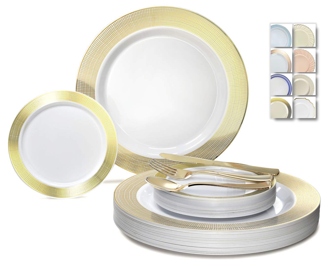 600 Pcs Wedding Disposable Plastic Plate & Silverware Combo Set - 120 Guest Linen White & Gold Tableware with Gold Silverware | Elegant Dinnerware for Weddings, Parties & Special Events