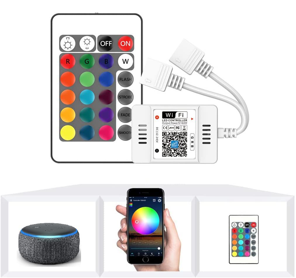 Nexlux Smart WiFi LED Strip Light Controller - 2 in 1 DC12-24V 144W 6A with Remote, RGB LED Light Strip Compatible with Alexa & Google Home - Perfect for Home Theater, Bedroom & Party Lighting