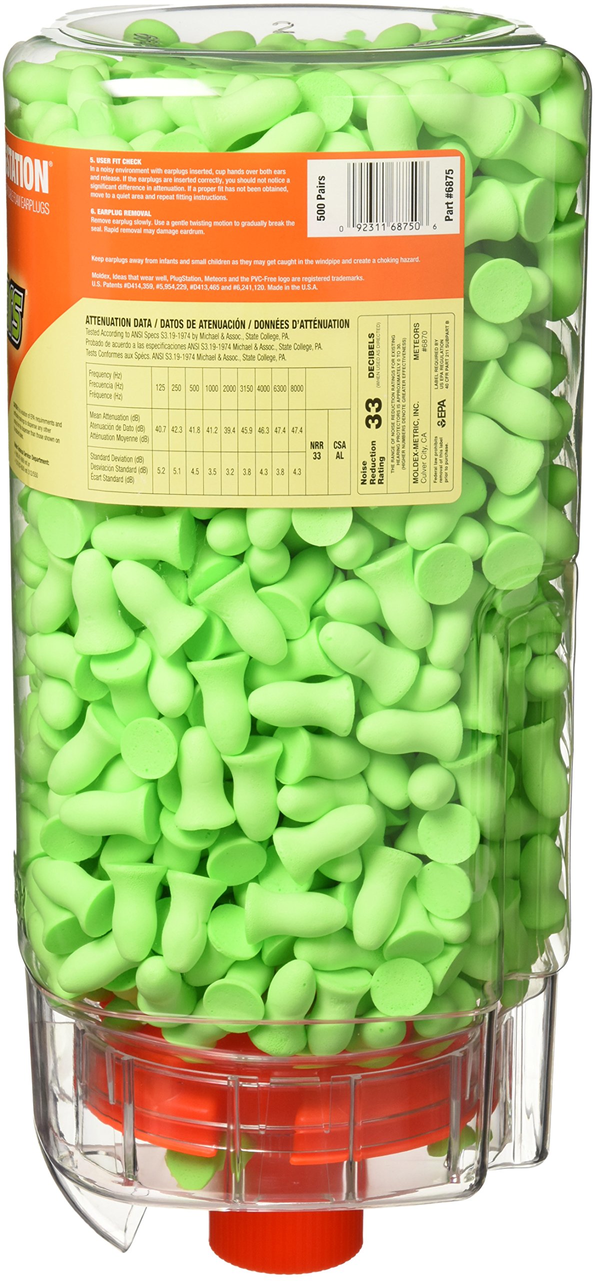 6875 Meteors Uncorded Earplug Dispenser with 500 Pairs - Bulk Ear Protection for Construction, Concerts & Industrial Safety
