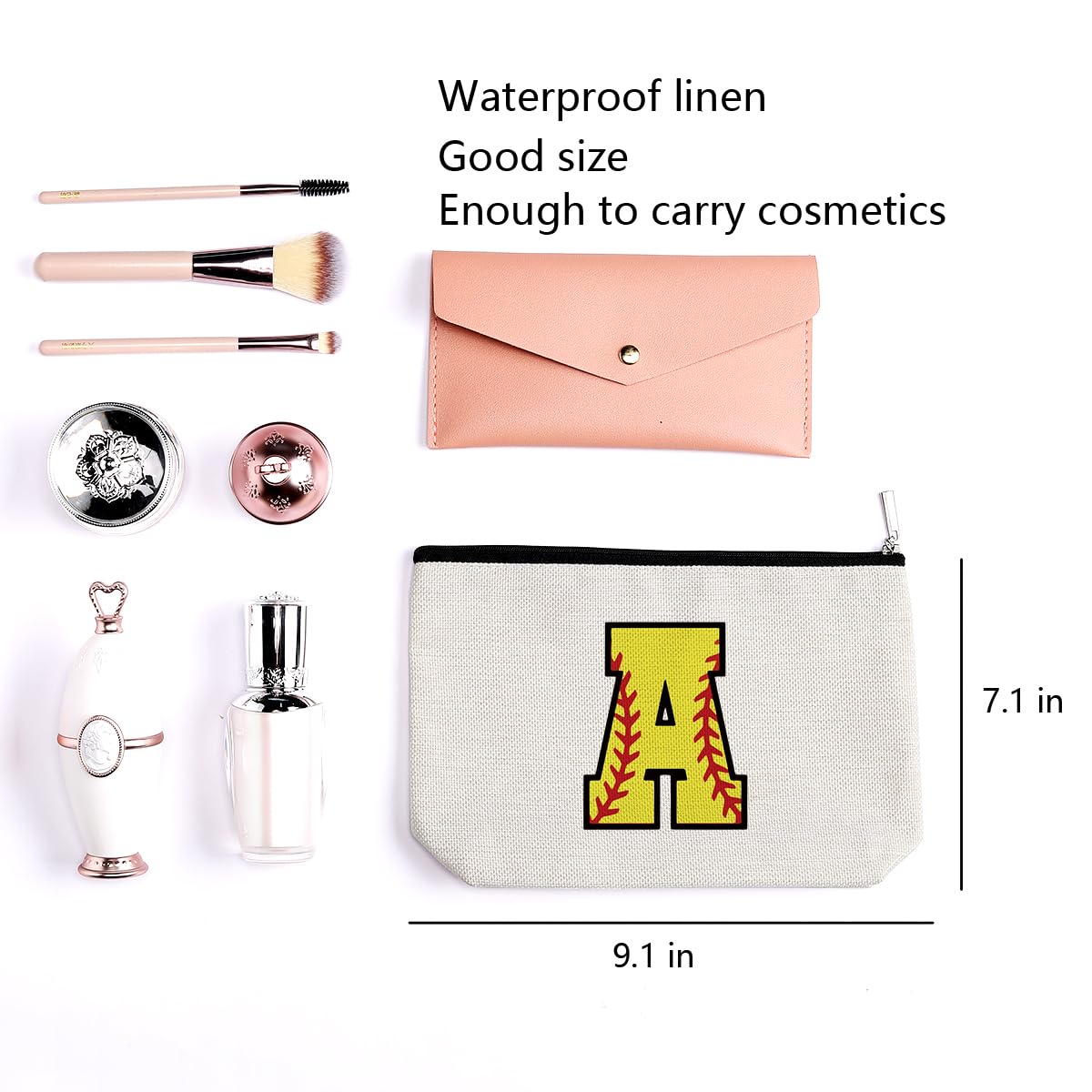 Personalized Monogrammed Makeup Bag for Women & Girls - Custom Cosmetic Pouch, Toiletry Bag, Softball Coach Gift (A-Z) - Perfect for Travel, Gym, Team Gifts & Everyday Use