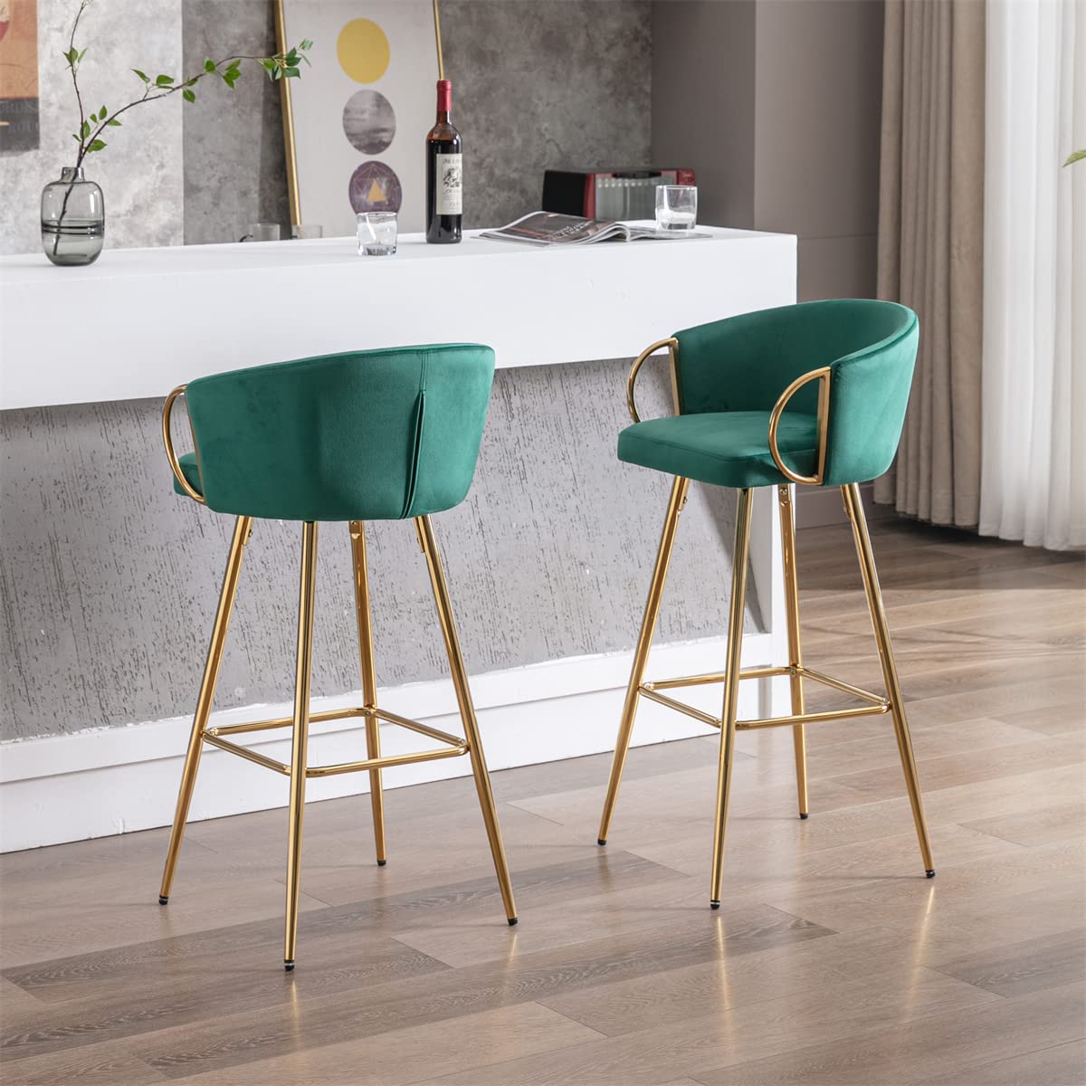 Premium Velvet Bar Stools Set of 2 - 26 Inch Counter Height with Chrome Footrest & Golden Legs, Modern Kitchen Stools in Green for Dining Room, Bar Counter or Breakfast Nook - TRIPLE TREE