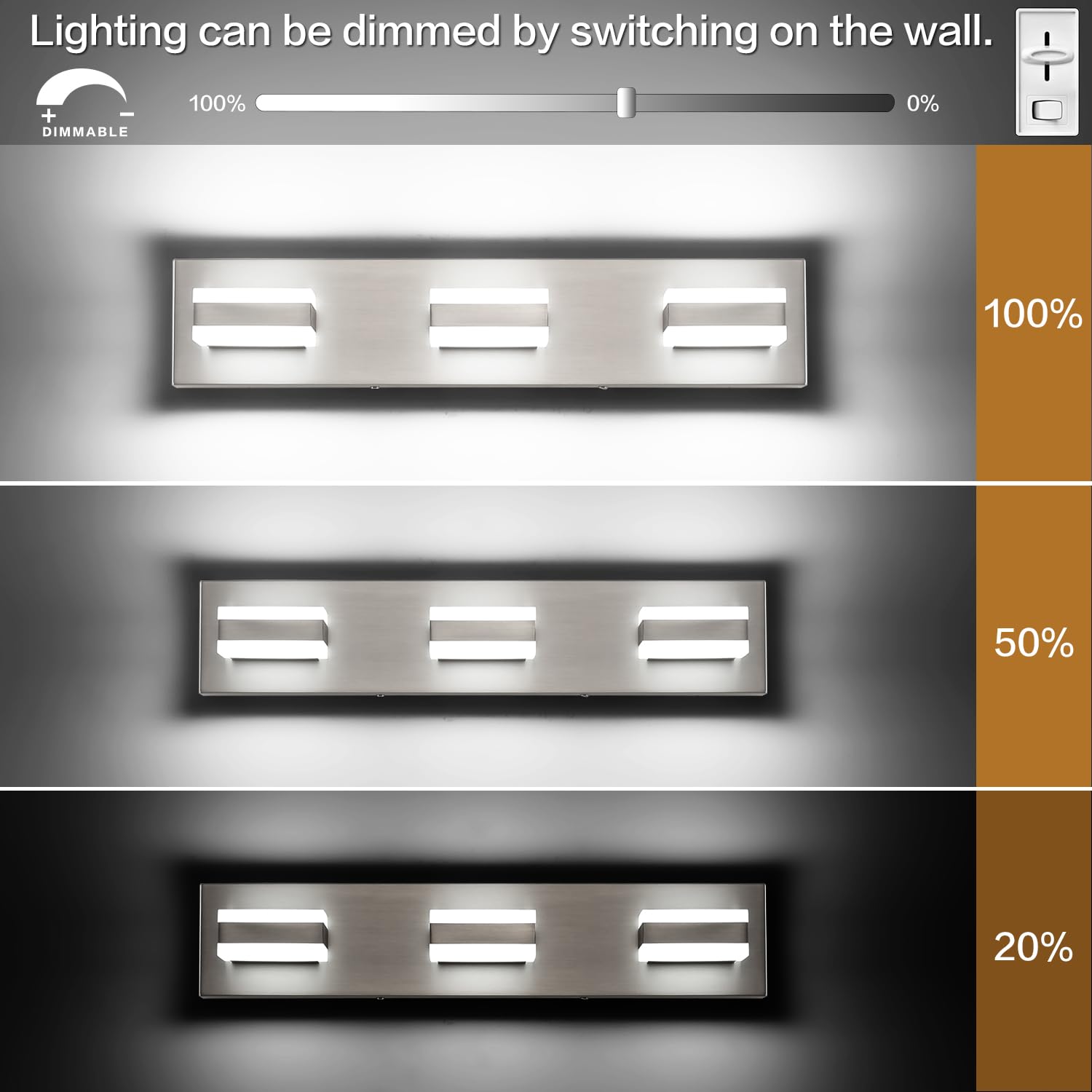 SOLFART Brushed Nickel Bathroom Vanity Lights - 3-Light LED Mirror Lighting Fixture for Bathroom Makeup Vanity, Dressing Room & Powder Room - Energy Efficient & Stylish Modern Design