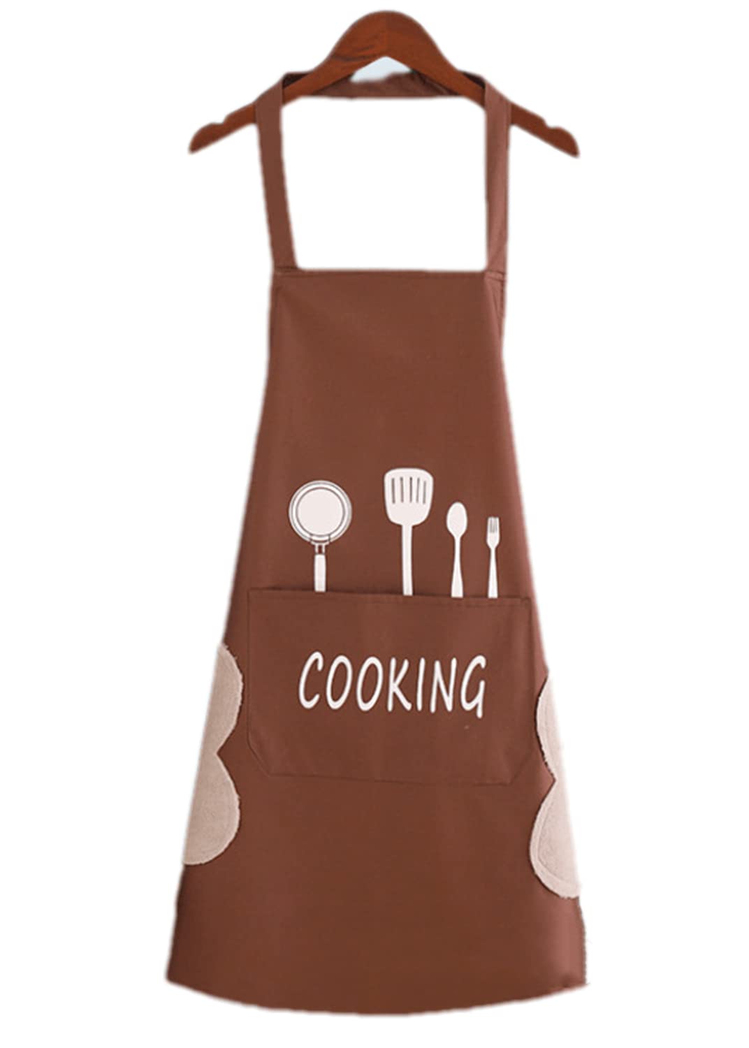 Waterproof Kitchen Cooking Apron with Pockets - Includes 2 Coral Velvet Hand Towels (Brown) - Perfect for Cooking, Baking, Grilling & Home Kitchen Use