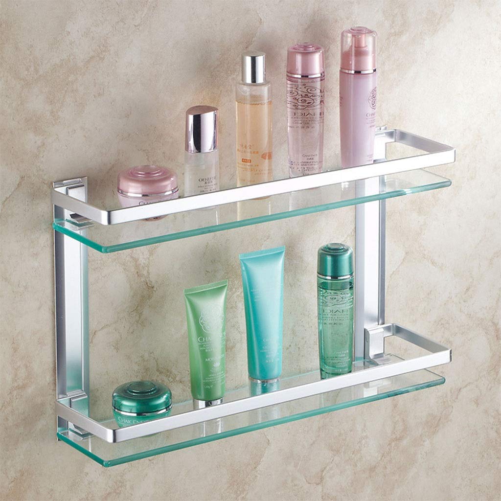 2-Tier Wall Mounted Tempered Glass Shower Shelf - 40cm Floating Organizer Rack with Aluminum Frame for Bathroom Storage | Perfect for Shampoo, Soap & Towel Organization in Showers