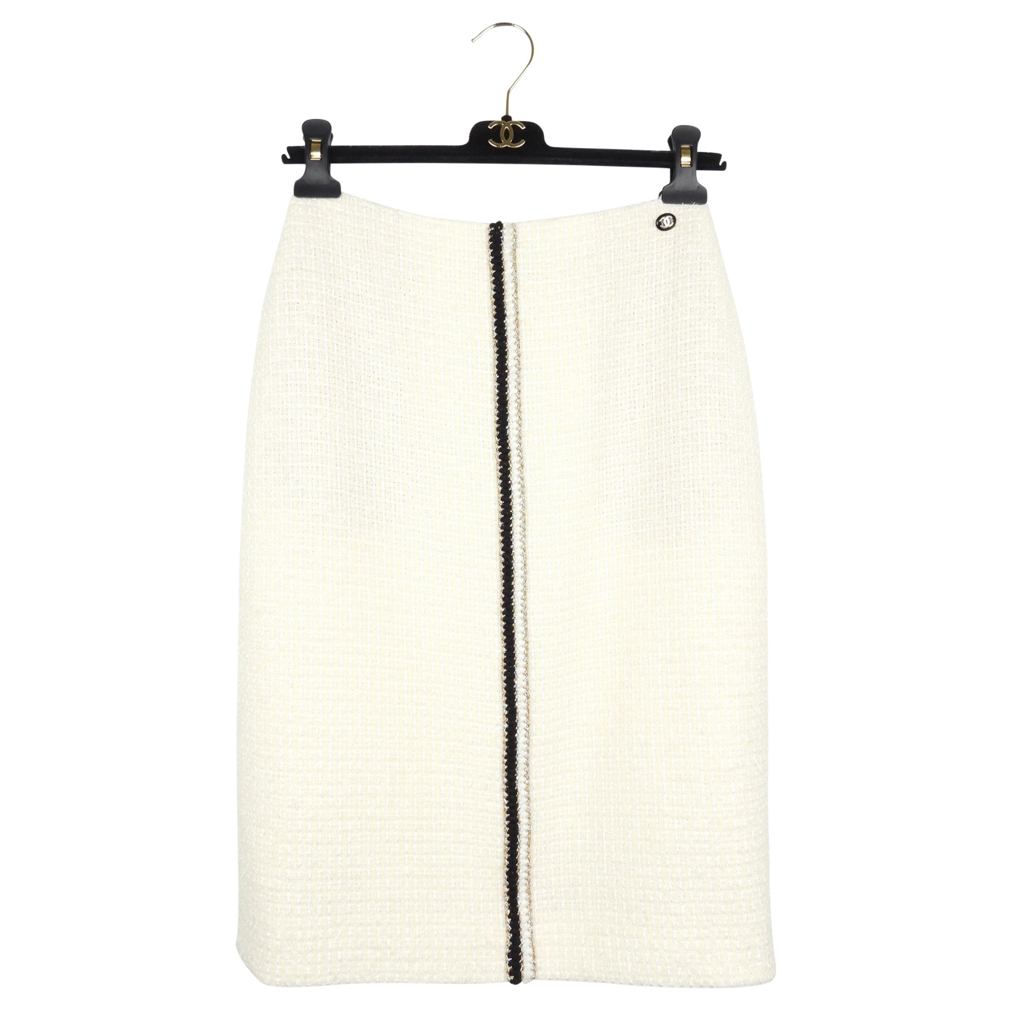 Chanel 20A Black Cream Gold Wool Tweed Double Breasted Jacket Skirt Suit Set FR38 | Luxury Women's Fashion Outfit for Business Meetings & Special Occasions