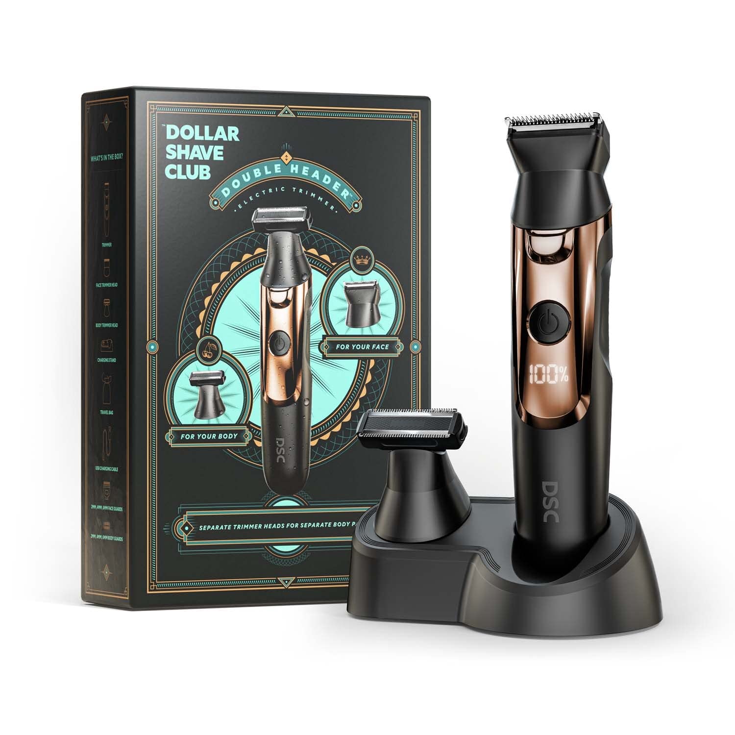Dollar Shave Club Double Header Electric Trimmer - 2-in-1 Beard & Body Groomer for Men | Precision Trimming for Face, Head & Body | Cordless Electric Razor for Travel & Home Use