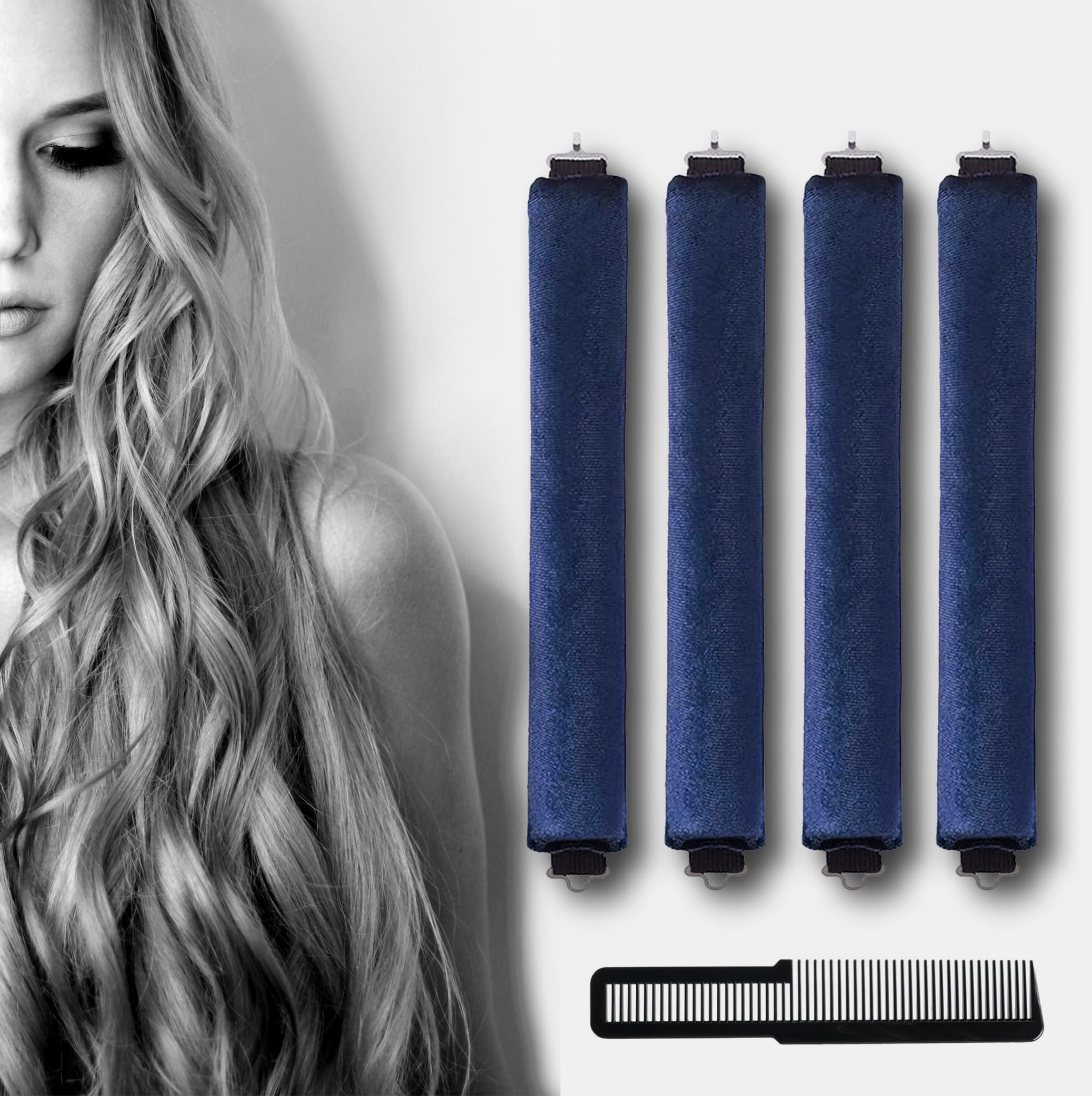 4PCS Heatless Hair Curlers for Women - No Heat Flexible Curling Rods with Hook for Overnight Curls, Blowout Hair & All Hair Types | Satin & Velvet Rollers (Blue, Medium) | Perfect for Sleeping, Travel & Everyday Styling