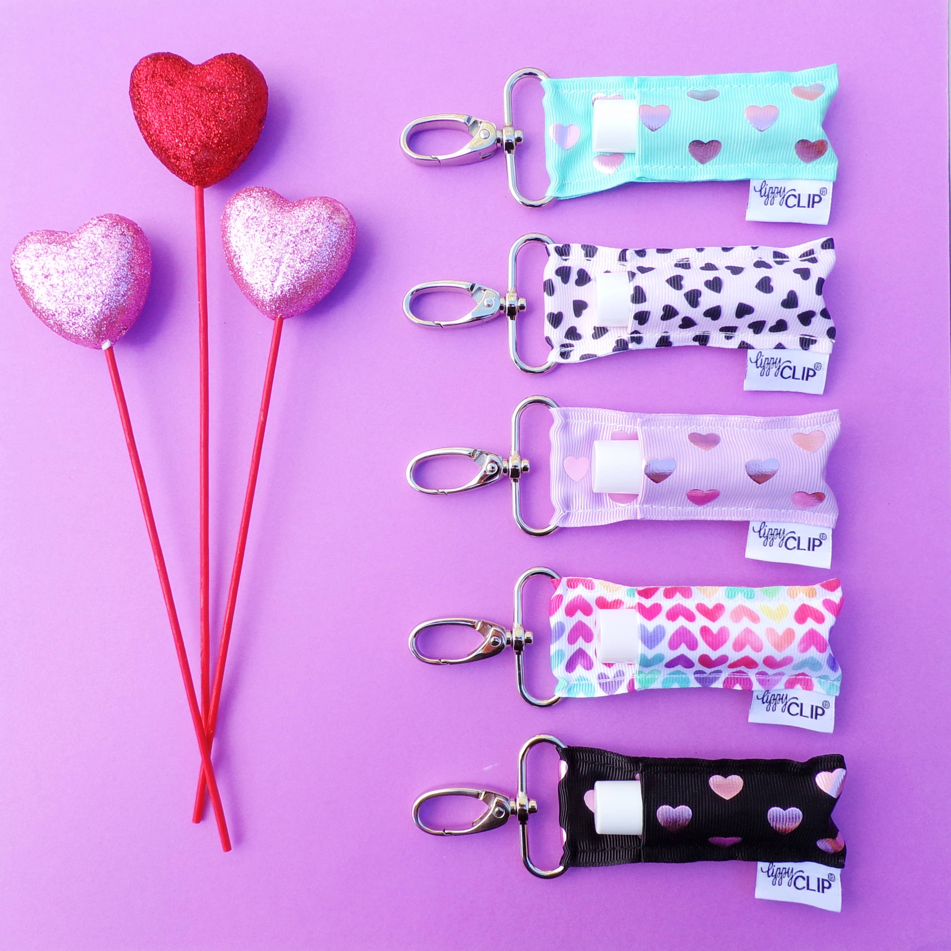 Pink Hearts on Lavender LippyClip - Cute Lip Balm Holder Keychain for Women | Perfect for Purses, Backpacks & Keyrings | Valentine's Day Gift Idea