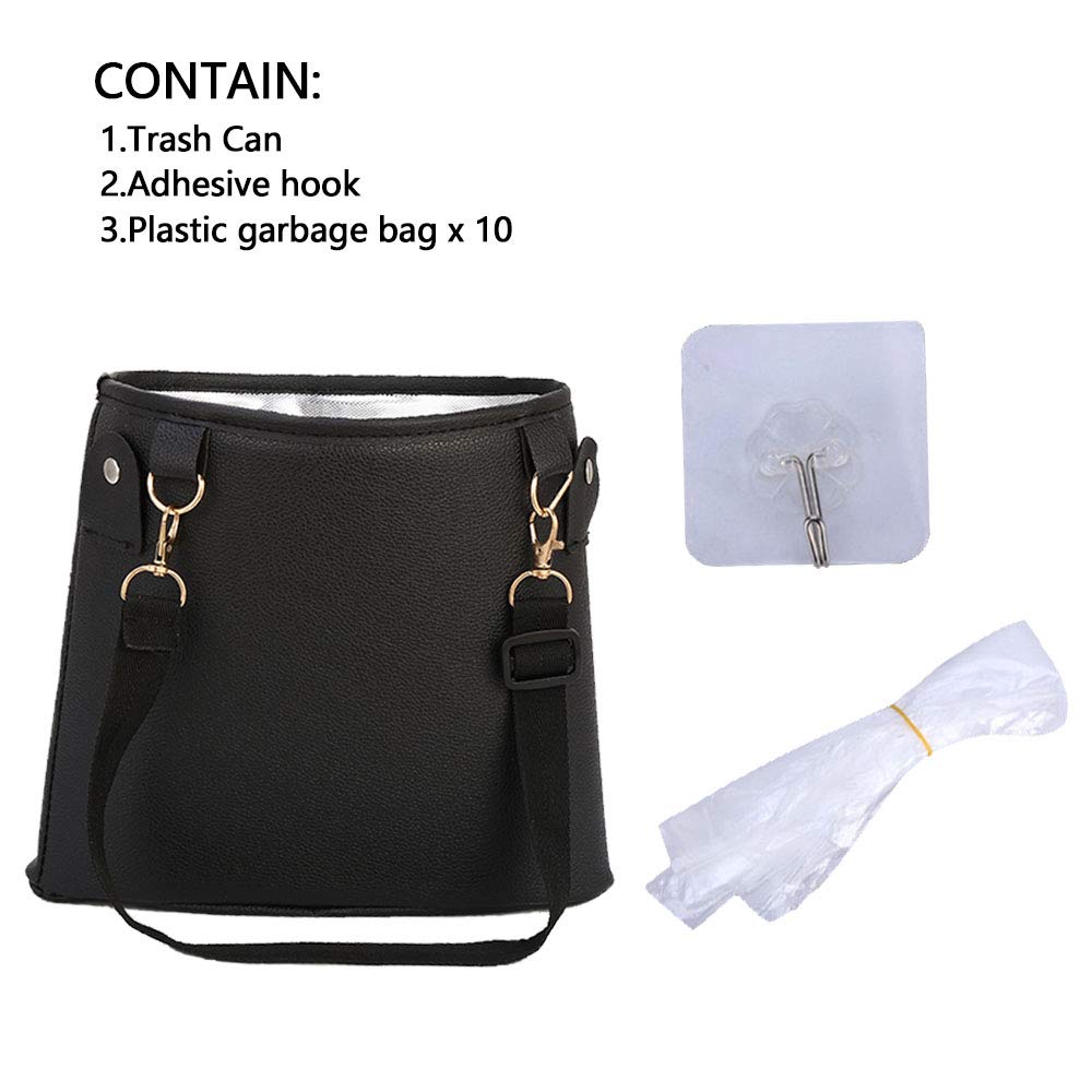 HerMia Hanging Car Trash Can - Premium PU Leather Waterproof Auto Garbage Bin for Travel, Outdoor & Vehicle Use - Perfect for Road Trips, Camping & Commuting (Black)
