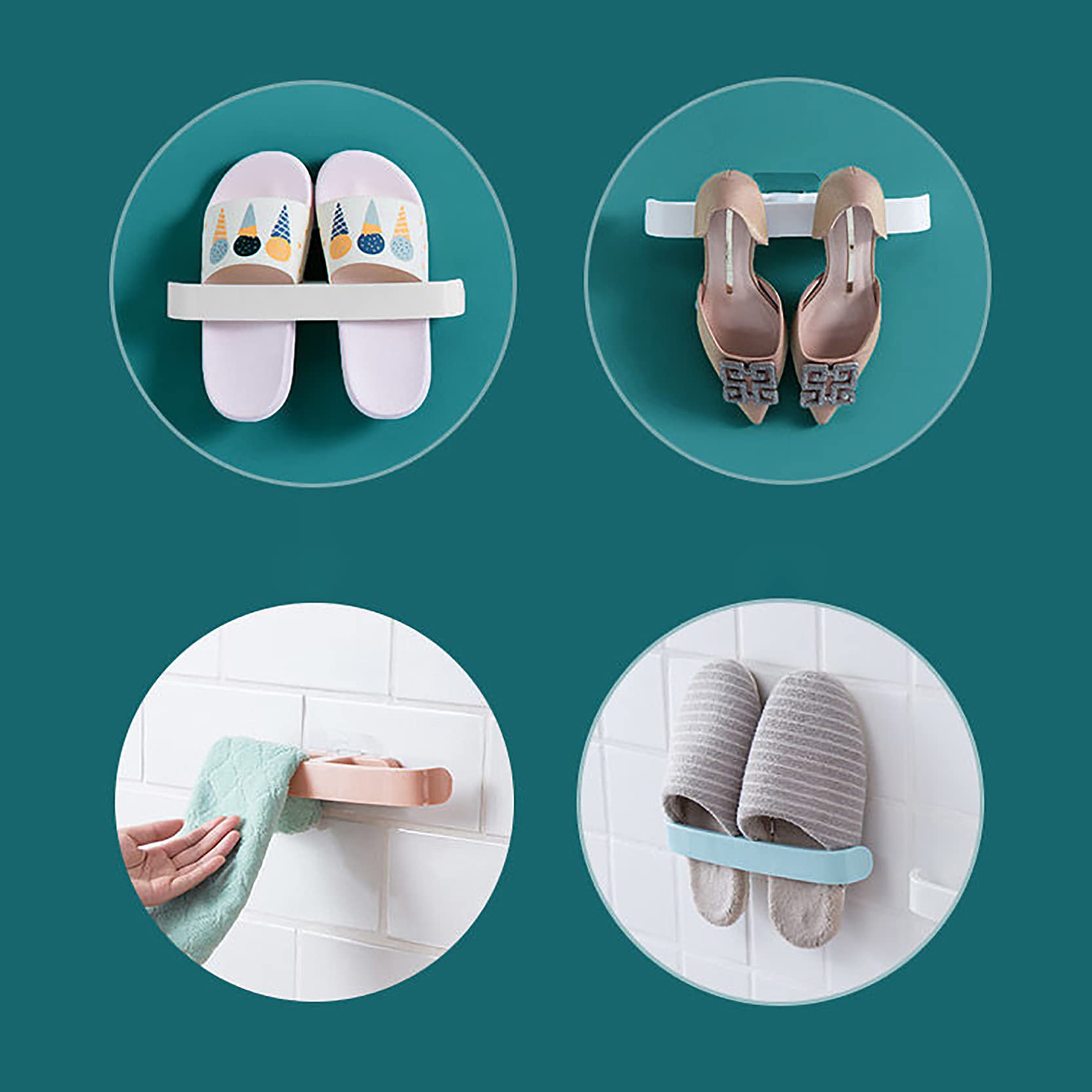 Wall Mounted Shoe Rack Organizer - 4 Pack Space Saving Hanging Shoe Storage for Door, Closet & Bathroom - Self Adhesive No Drill Shoe Shelf Holder for Slippers, Sneakers & Flip Flops - Perfect for Small Apartments & Dorm Rooms