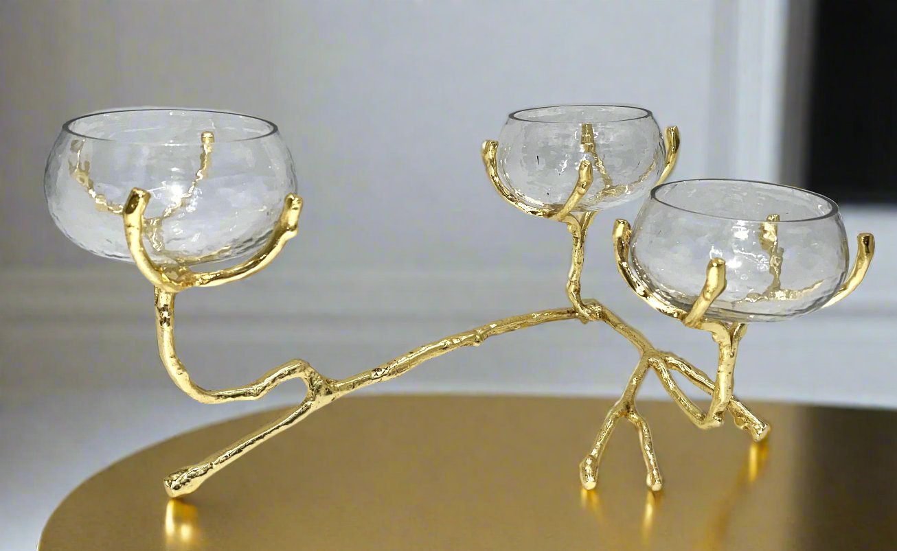 12x3 3-Section Glass Dish with Gold Design - Elegant Serving Tray for Appetizers, Desserts, and Party Snacks