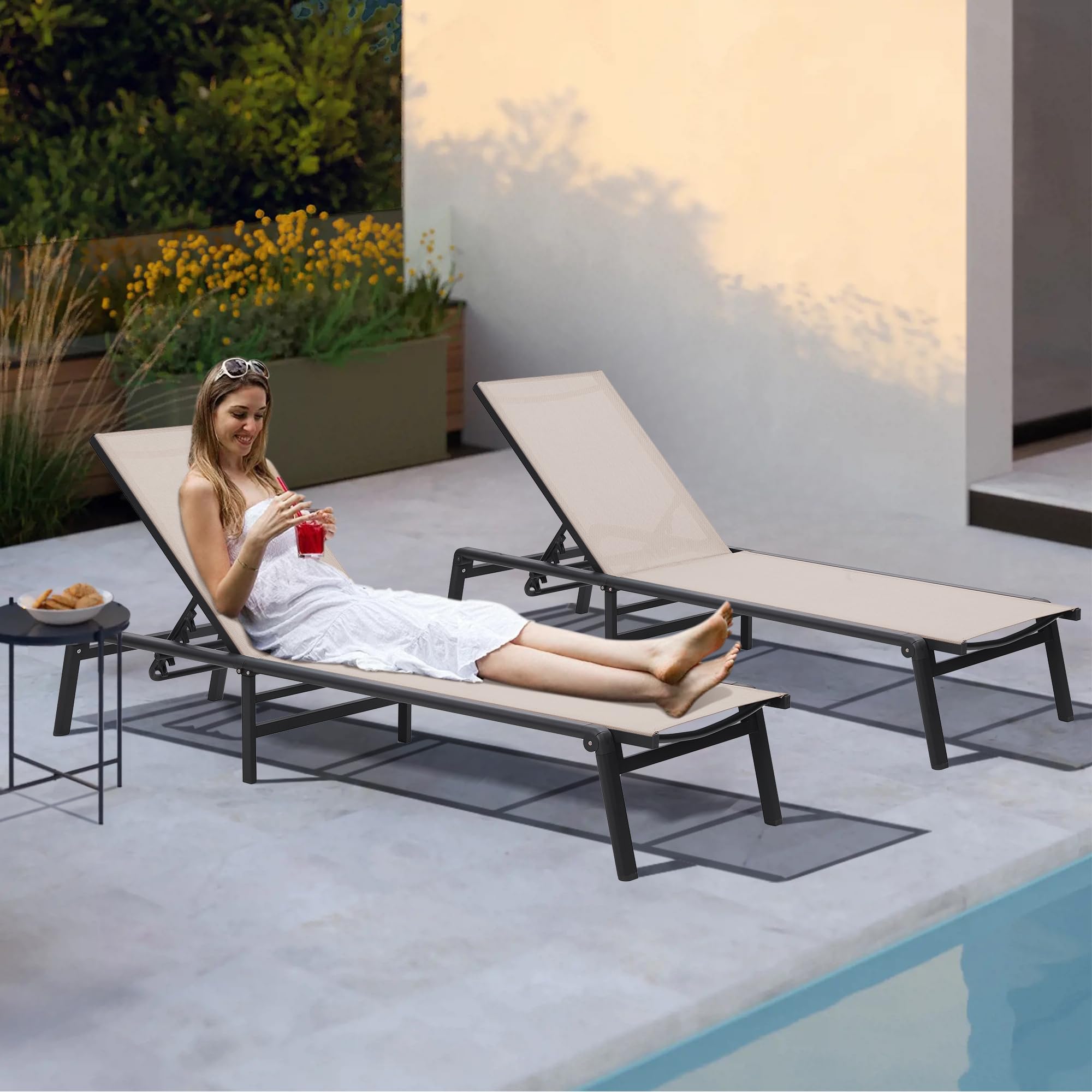 Premium Outdoor Aluminum Chaise Lounge Chairs Set of 2 - 5-Position Adjustable Backrest, No Assembly Required, Lightweight & Foldable for Easy Storage - Perfect for Poolside, Deck, Lawn, Beach & Patio Relaxation (Beige)