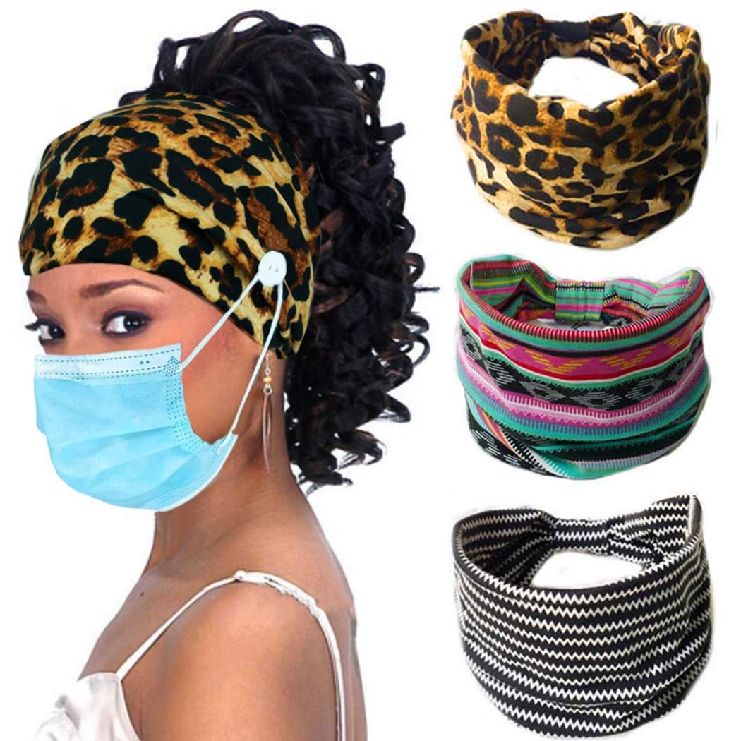 Boho African Headbands for Women - 3 Pack Knotted Elastic Headwraps with Buttons for Face Masks | Yoga, Sports, Workout & Everyday Hair Accessories | Turban Style Headwear for Casual & Athletic Wear