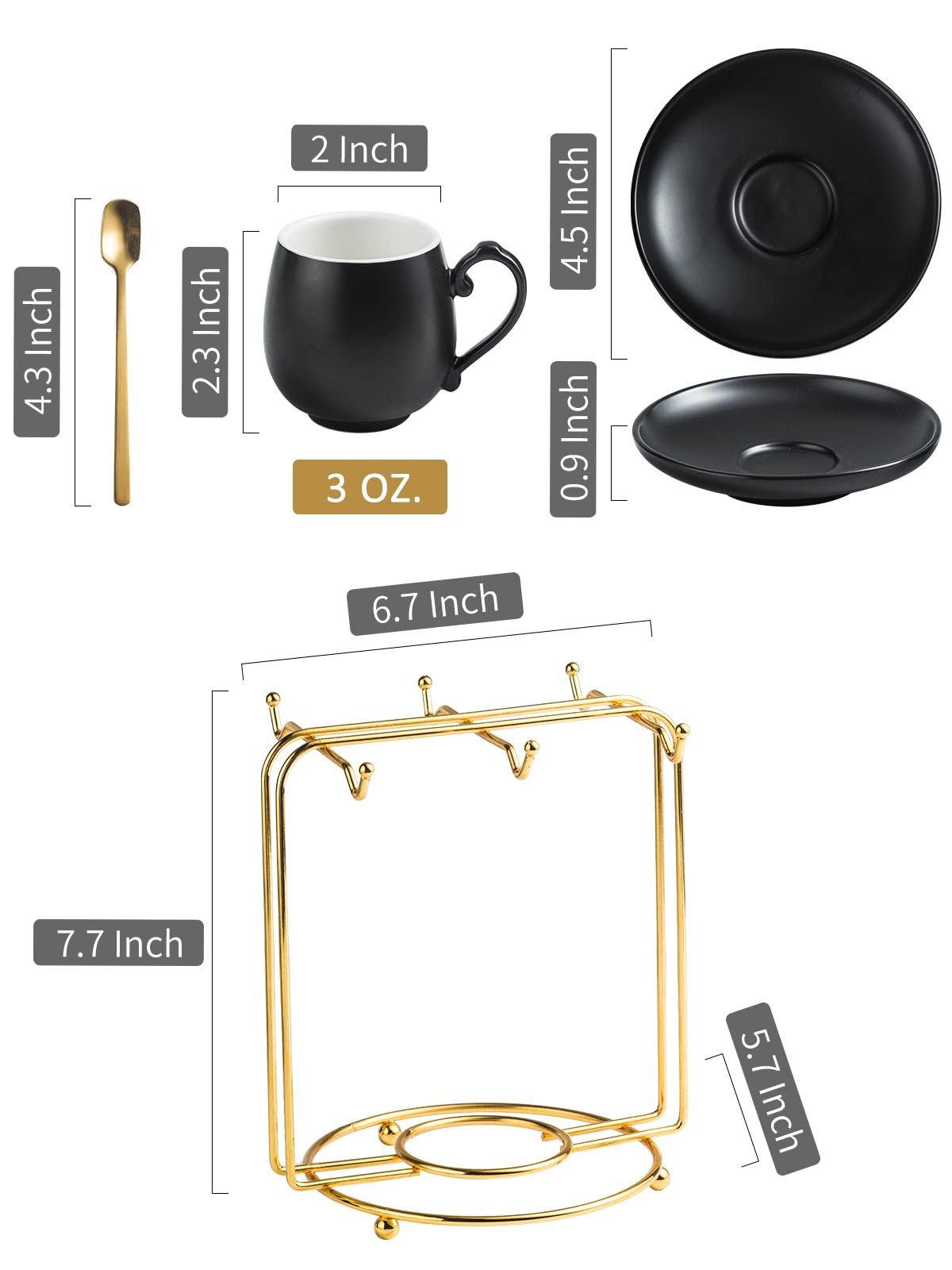 LYEOBOH 6-Piece Ceramic Espresso Cups and Saucers Set with Spoons & Metal Stand - 3oz Small Demitasse Coffee Mugs for Cappuccino, Latte, Tea - Perfect for Home Cafes, Coffee Shops & Gifts (Black)