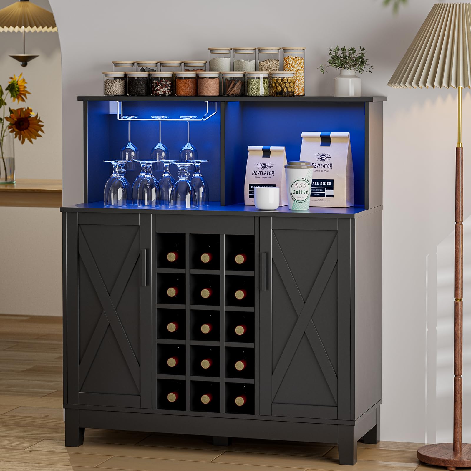 Farmhouse Coffee Bar Cabinet with LED Lights - 39