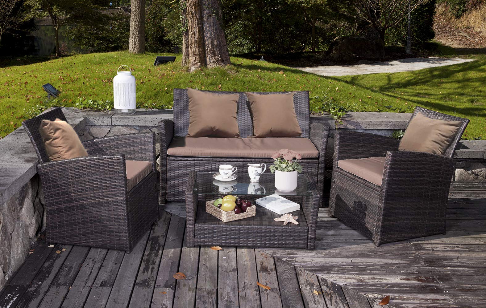 4-Piece Rattan Patio Furniture Set with Back Cushions - PE Wicker Outdoor Conversation Sofa for Garden, Poolside, Balcony, Porch - Indoor/Outdoor Use (Brown)