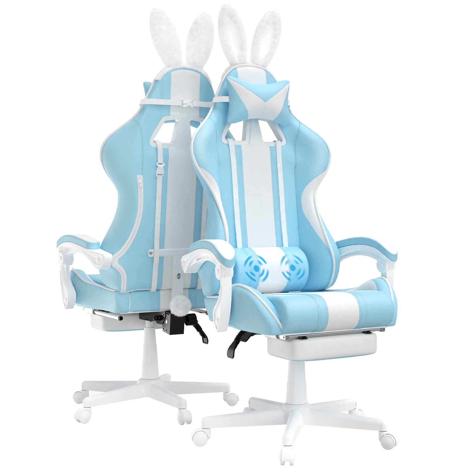 Ferghana Blue Gaming Chair with Bunny Ears - Ergonomic Massage Office & PC Gaming Chair with Footrest for Adults & Teens - Cute Kawaii Computer Game Chair for Girls - Racing Reclining Gamer Chair for Streaming, Esports & Home Office